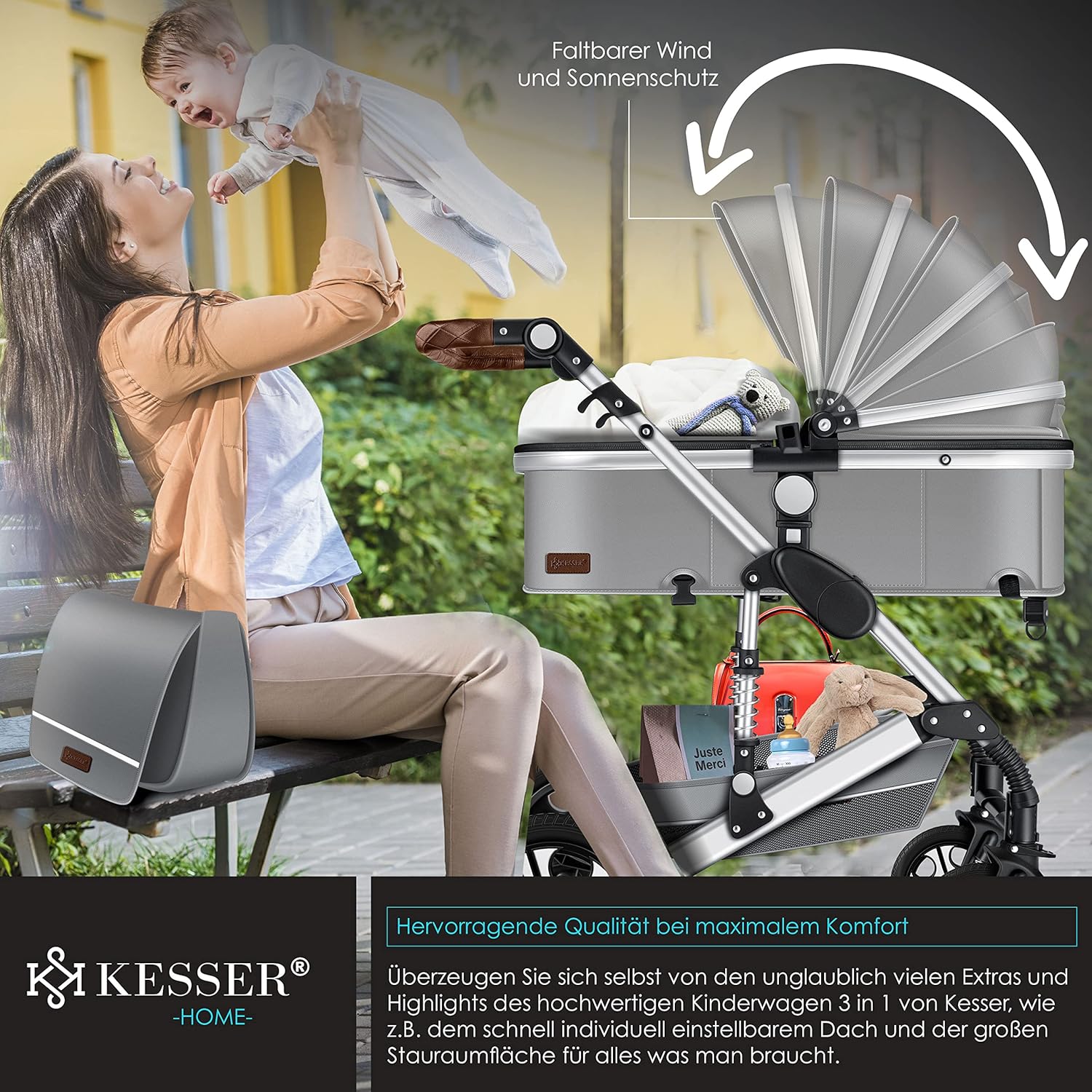 KESSER Loops 3 in 1 Kinderwagen Kombikinderwagen Komplett-Set inkl. Babywanne & Buggy Sportsitz & Auto-Babyschale Voll-Gummireifen Wickeltasche Regenschutz Kindertisch ECE R129, Schwarz/Champagne