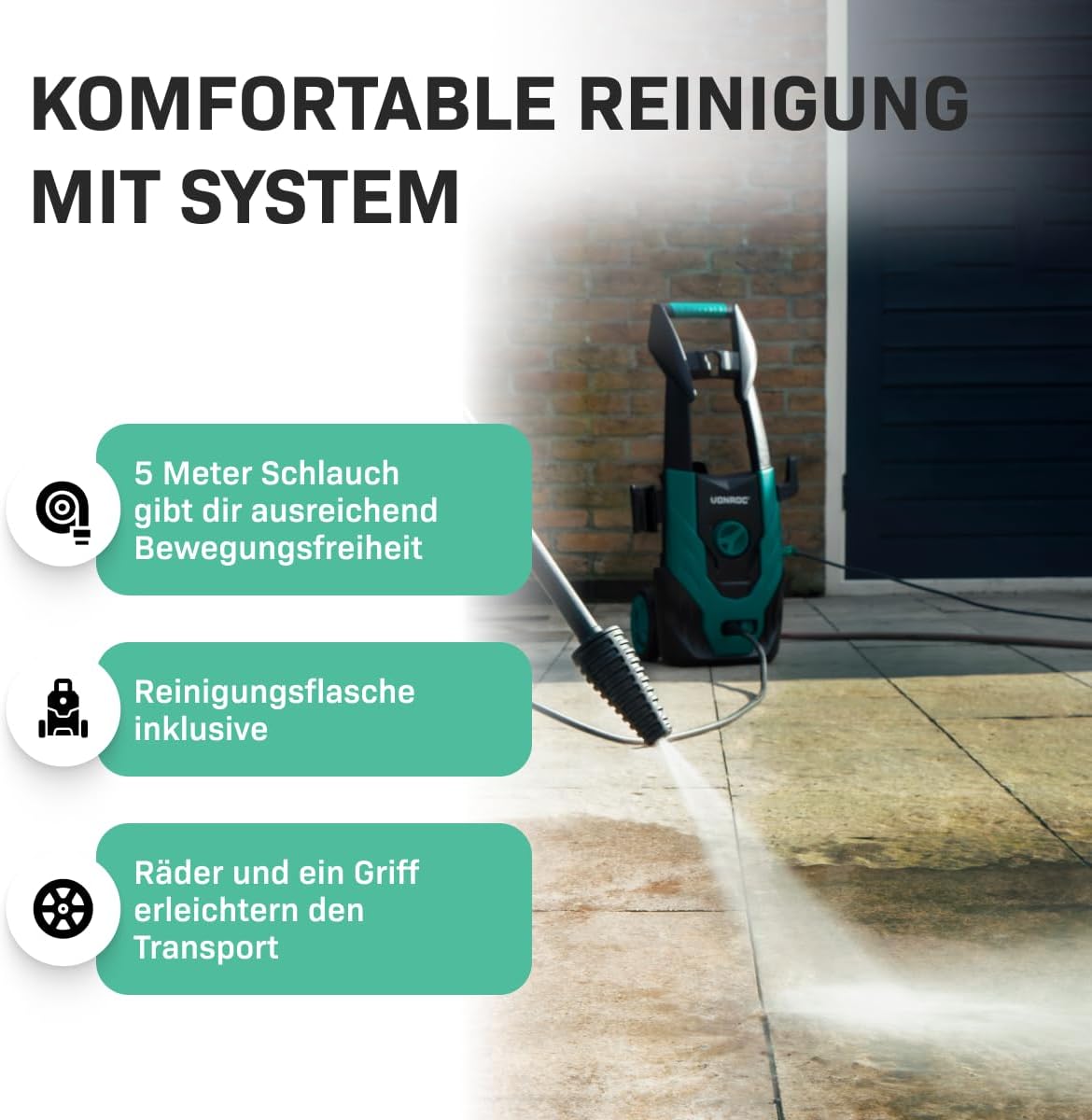 VONROC Profi Hochdruckreiniger 195bar - Fassadenreiniger für schwere Reinigungsarbeiten [2500W] - Hoher Durchfluss [468 l/h] Reinigungstank, Aluminium Pumpe - inkl. Terassenreiniger