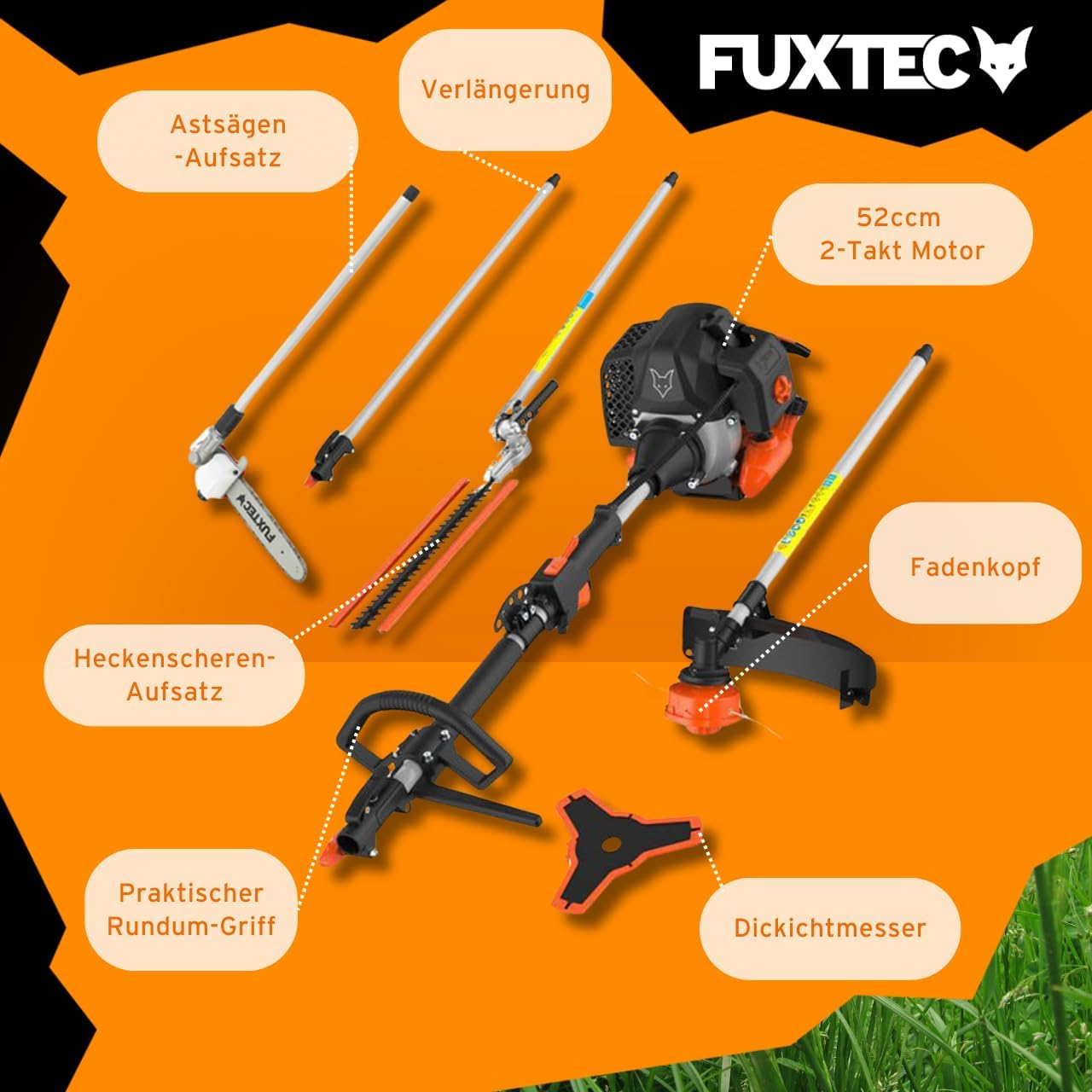FUXTEC Benzin Motorsense FX-MT252ER 5in1 Multitool, 52 ccm, Tragegurt inkl. 1m Verlängerung 3 PS Kombigerät Heckenschere mit verstellbarem Hochentaster Kombisystem Freischneider 2-Takt