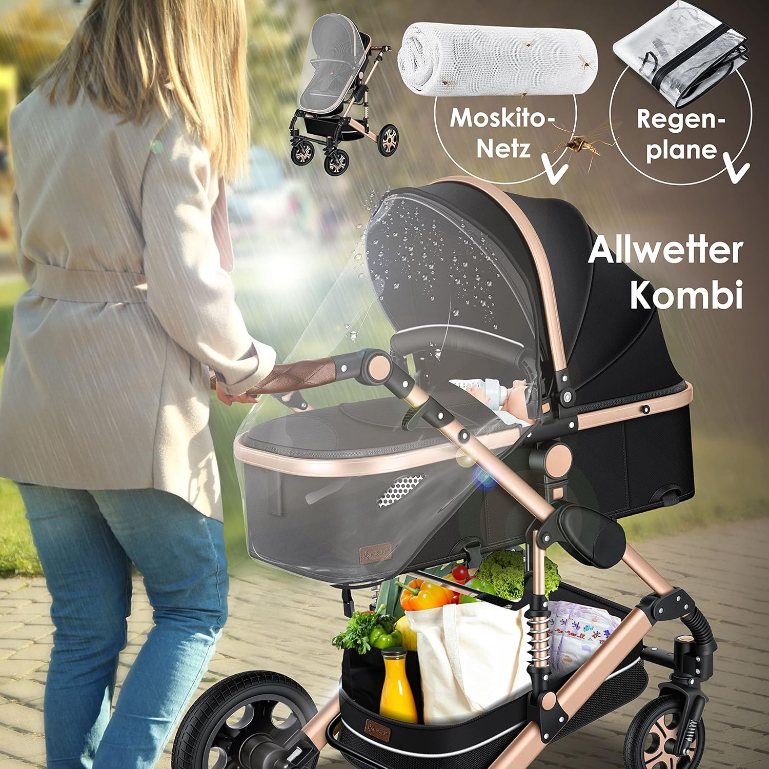 KESSER Loops 3 in 1 Kinderwagen Kombikinderwagen Komplett-Set inkl. Babywanne & Buggy Sportsitz & Auto-Babyschale Voll-Gummireifen Wickeltasche Regenschutz Kindertisch ECE R129, Schwarz/Champagne