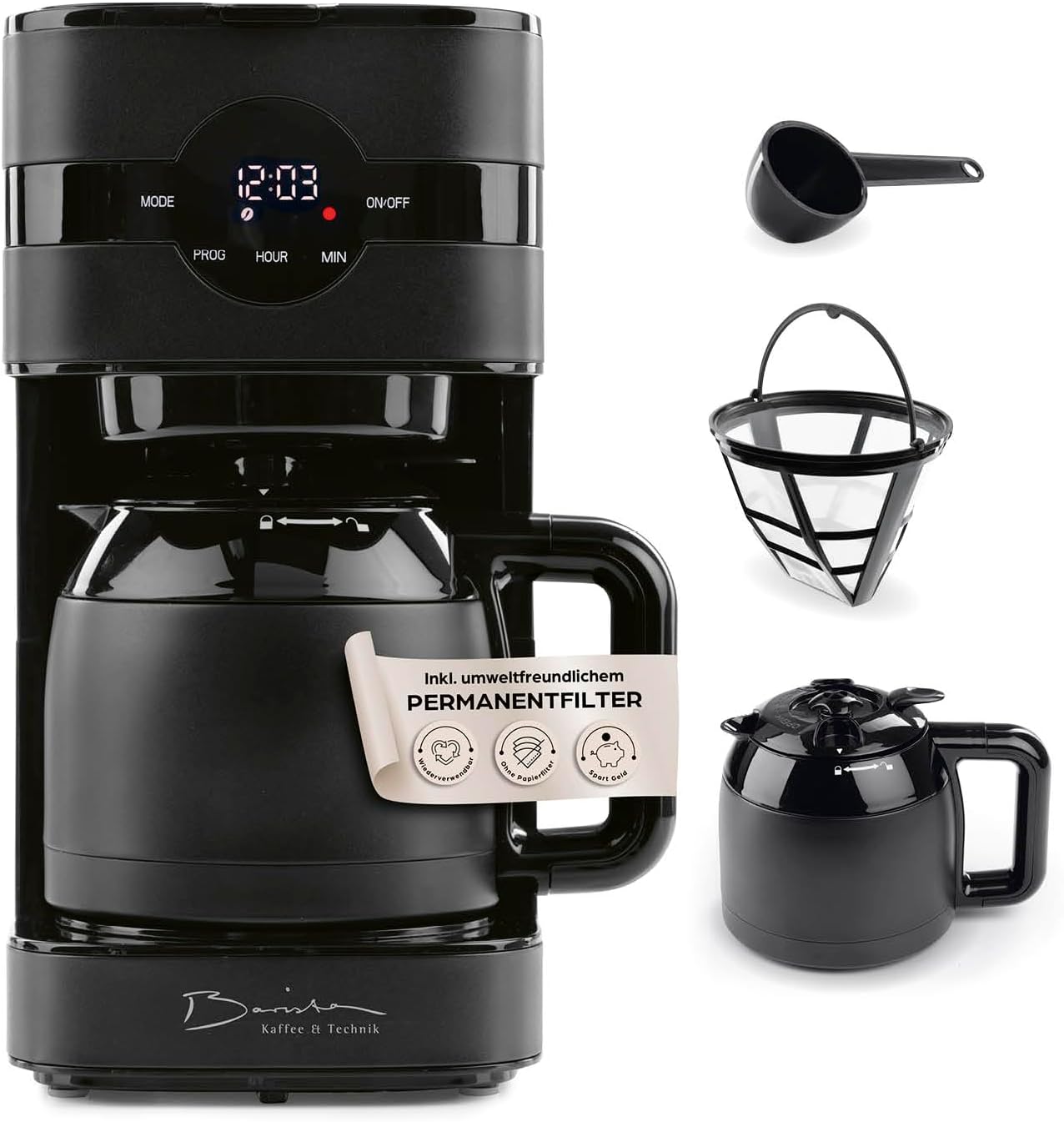 Barista Filterkaffeemaschine mit verstellbarem Mahlwerk & Thermokanne | Warmhaltefunktion, 24h Timer & Permanentfilter | Für 10 Tassen Kaffee | Kaffeemaschine für Bohnen & Pulver [Edelstahl]