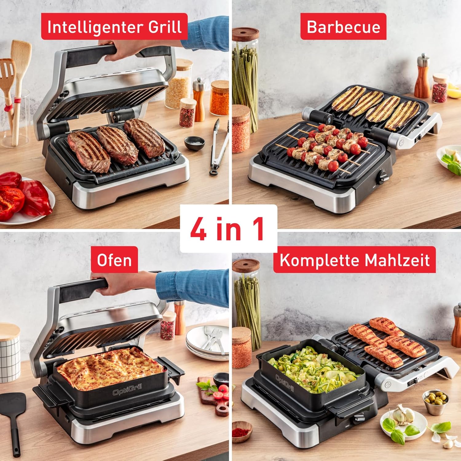 Tefal OptiGrill 4in1 Kontaktgrill mit Backschale, Aufklappbar, Tischgrill, 9 Programme, Garstufenanzeige, Elektrogrill, Backofen, GC776D10