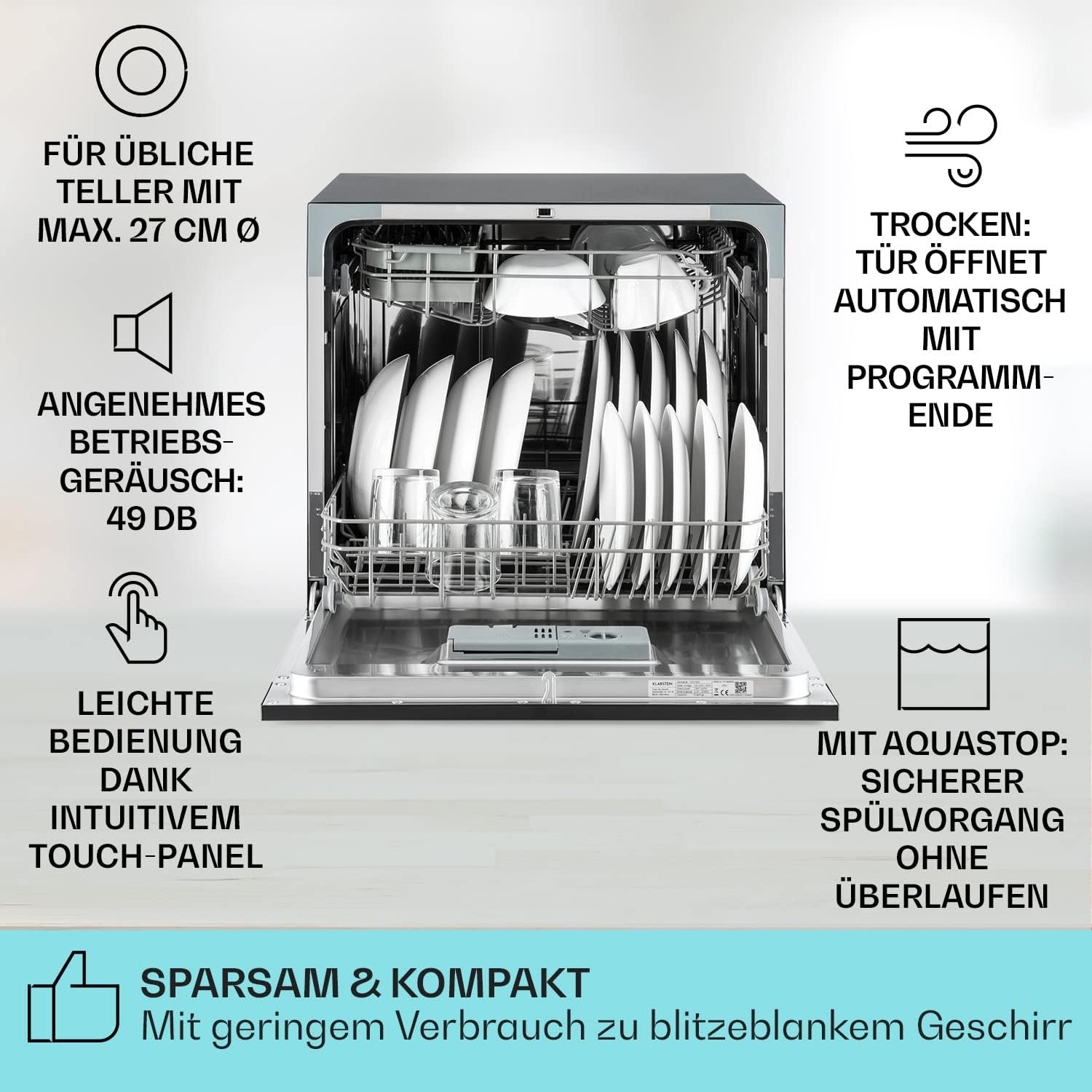 Klarstein ia 8 - Spülmaschine, Geschirrspüler, Freistehend, Teilintegriert, F, 55 cm breit, 8 Maßgedecke, 6 Programme, Aquastop, silber