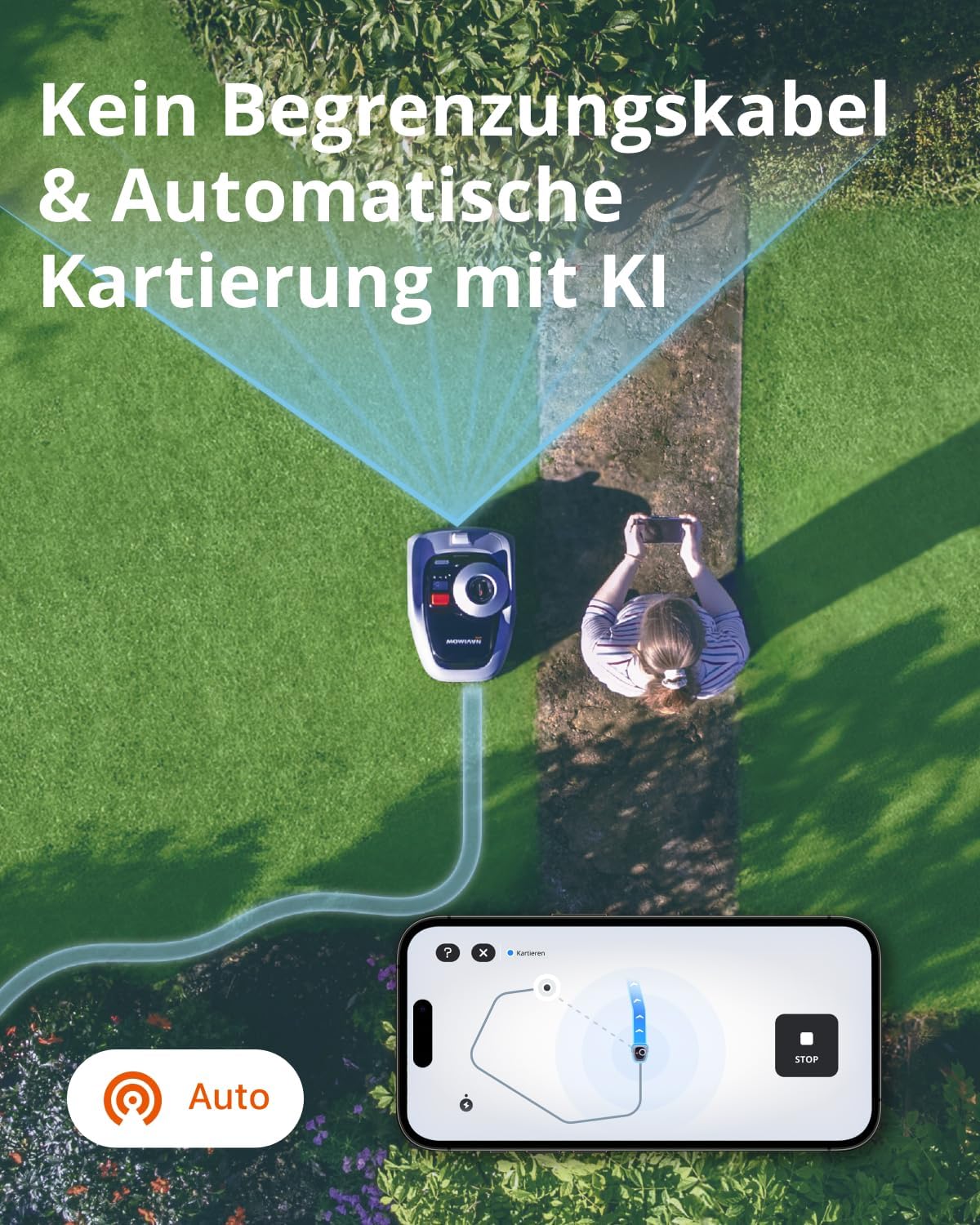 Navimow i105E Mhroboter ohne Begrenzungskabel 500 m, RTK+Vision Rasenmher Roboter, KI Automatische Kartierung, Virtuelle Begrenzung, Mehrzonen-Management