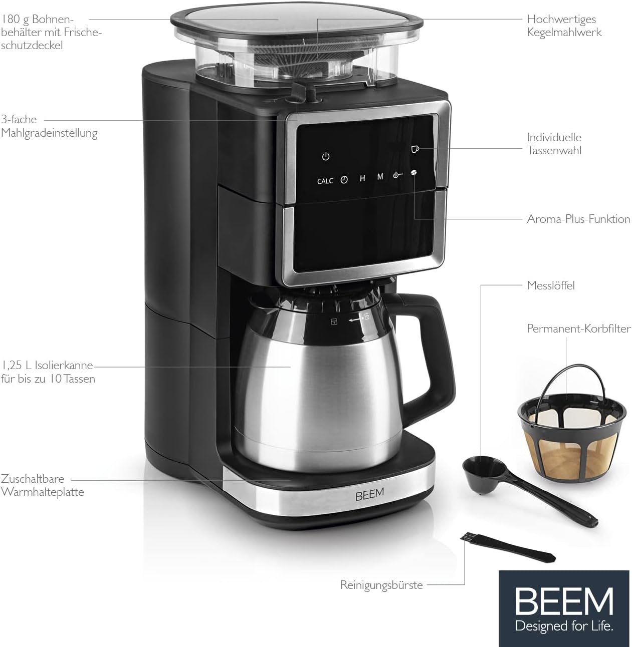 BEEM FRESH-AROMA-PERFECT III Filterkaffeemaschine mit Mahlwerk - Duo | Mit Thermos- & Glaskanne | Aroma-Plus-Funktion | 24-H-Timer | 1000 W | für bis zu je 10 Tassen [Edelstahl]