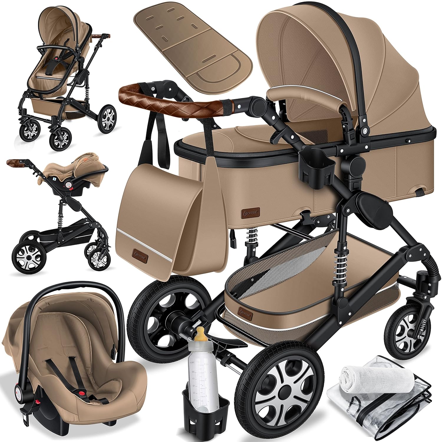 KESSER Loops 3 in 1 Kinderwagen Kombikinderwagen Komplett-Set inkl. Babywanne & Buggy Sportsitz & Auto-Babyschale Voll-Gummireifen Wickeltasche Regenschutz Kindertisch ECE R129, Schwarz/Champagne