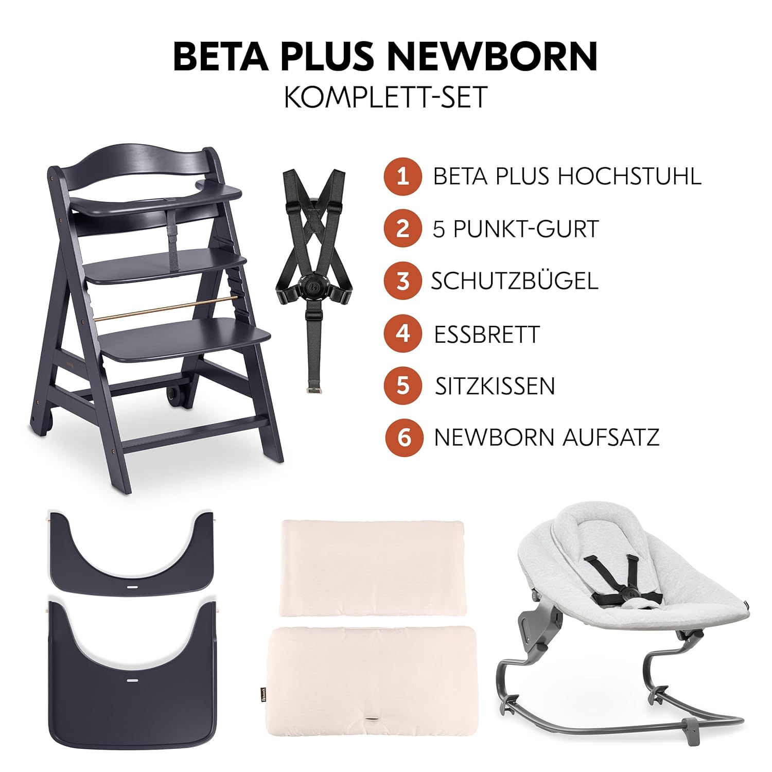 hauck Hochstuhl Beta+ Newborn Set Premium Dark Grey - Babyhochstuhl Set ab Geburt mit Neugeborenen Aufsatz Bouncer, Sitzpolster und Essbrett - Dark Grey
