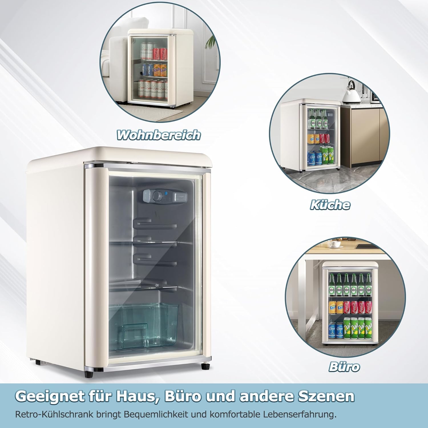 Merax Kühlschrank 128L, Freistehend Getränkekühler mit 120L-Kühlschrank + 8L-Gefrierschrank, mit LED-Innenbeleuchtung und Verstellbare Einlegeböden, Superleise für Restaurant, Bar, Getränke und Bier