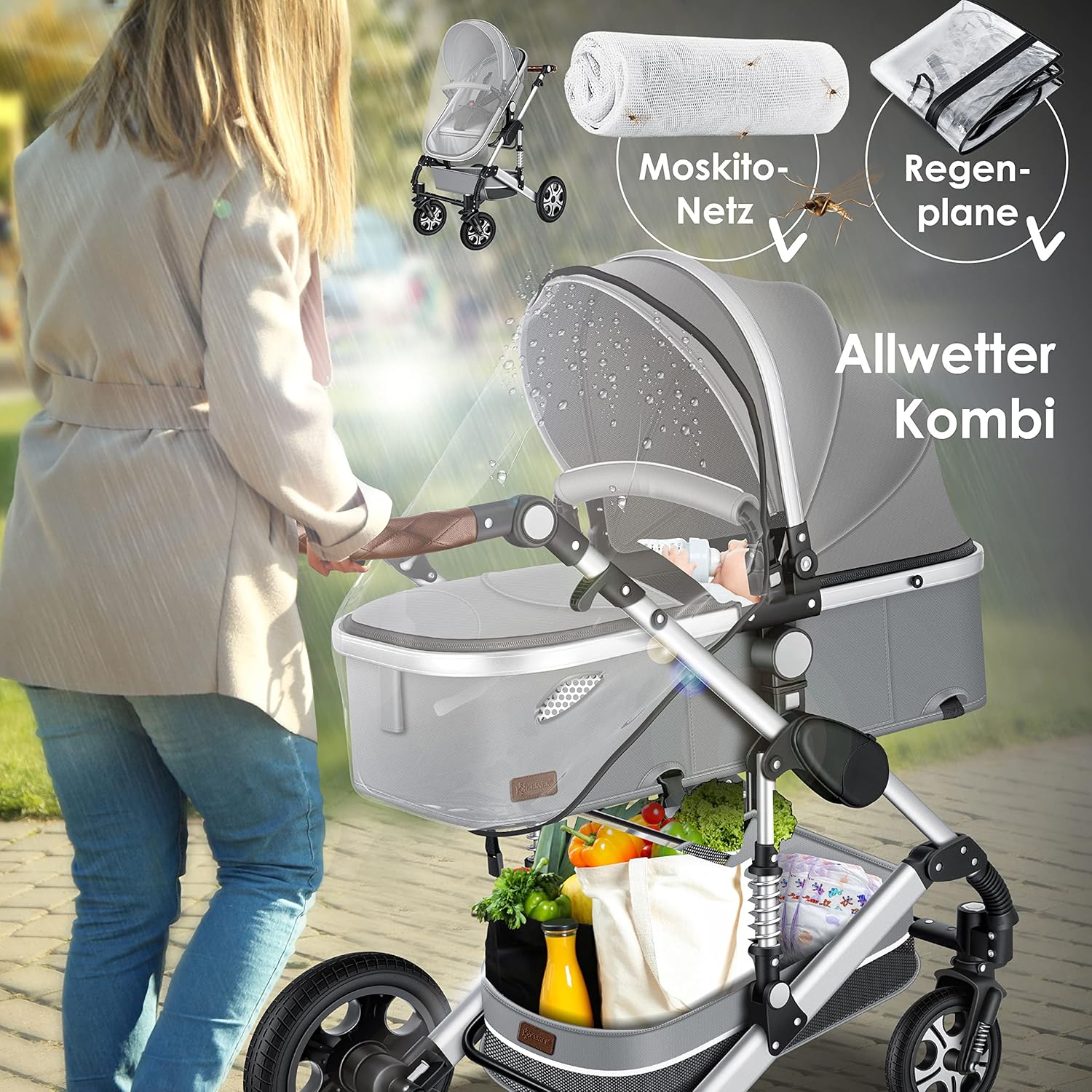 KESSER Loops 3 in 1 Kinderwagen Kombikinderwagen Komplett-Set inkl. Babywanne & Buggy Sportsitz & Auto-Babyschale Voll-Gummireifen Wickeltasche Regenschutz Kindertisch ECE R129, Schwarz/Champagne
