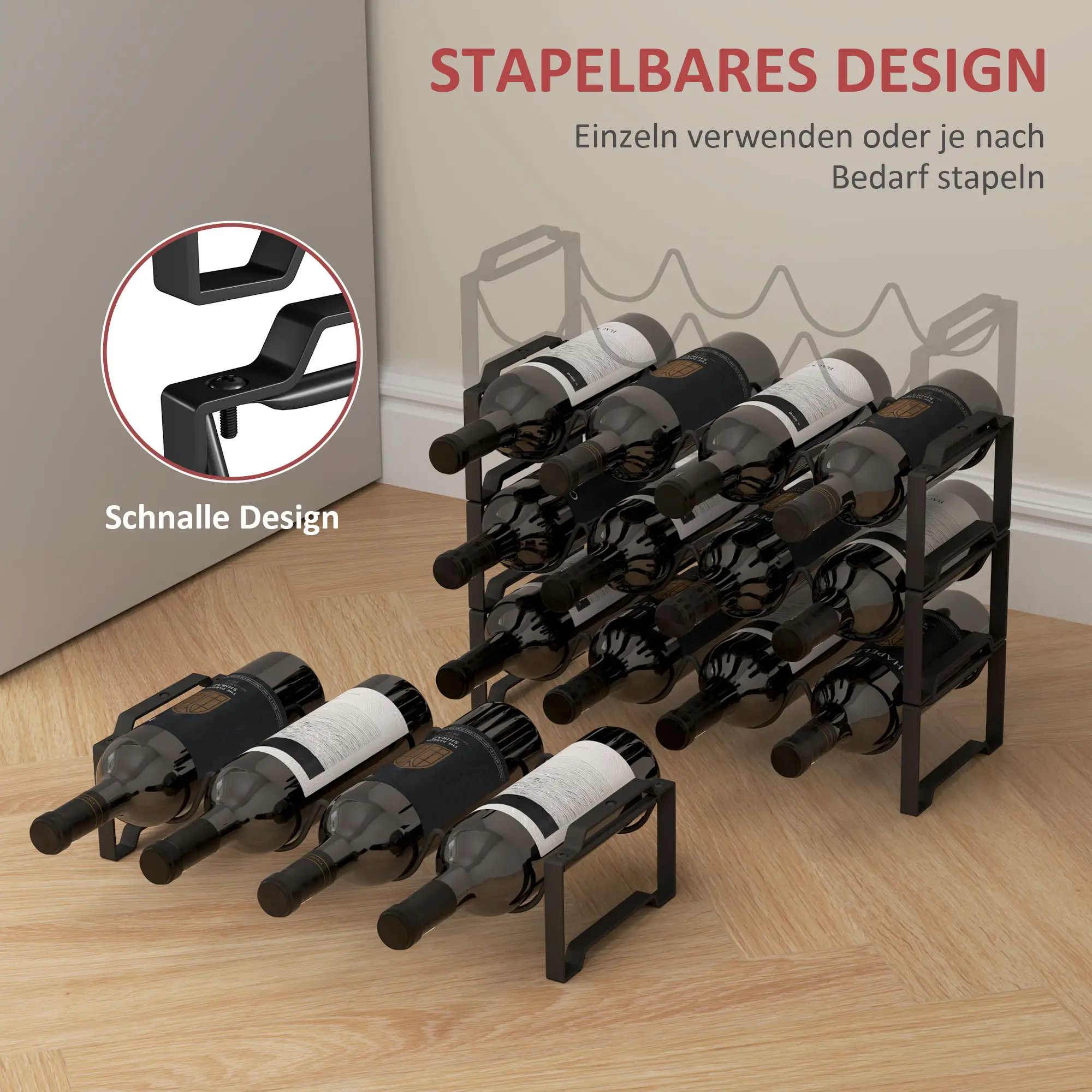 HOMCOM Weinregal Flaschenregal 16 Flaschen stapelbar wellenförmig