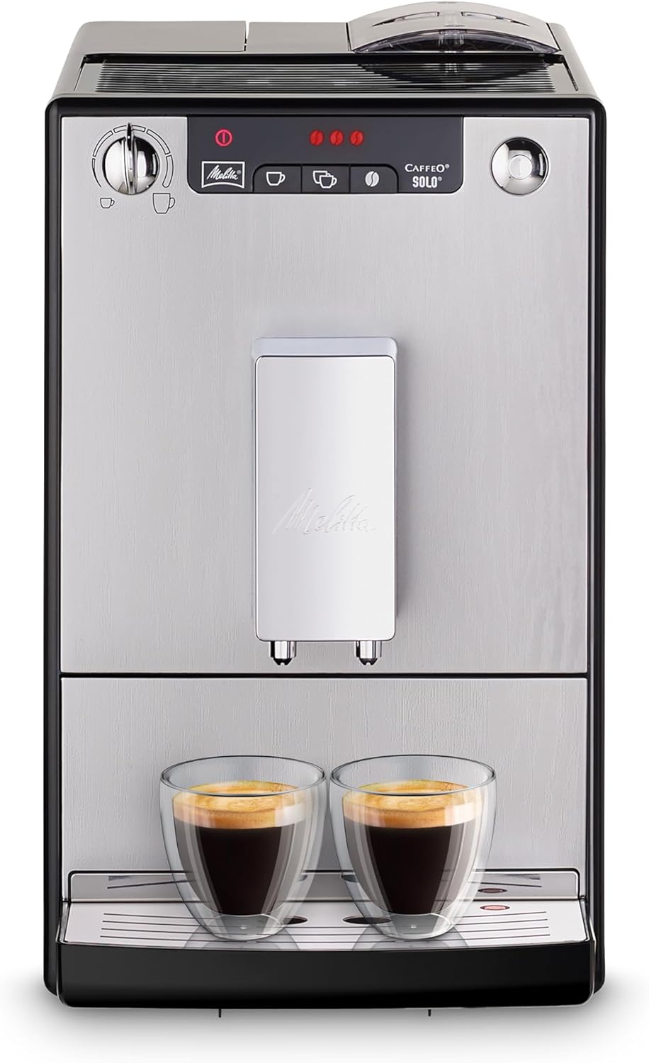 Melitta Solo - Kaffeevollautomat mit höhenverstellbarem Auslauf, kleine Kaffeemaschine mit abnehmbarem Wassertank, für z. B. Espresso oder Café Crème, silber