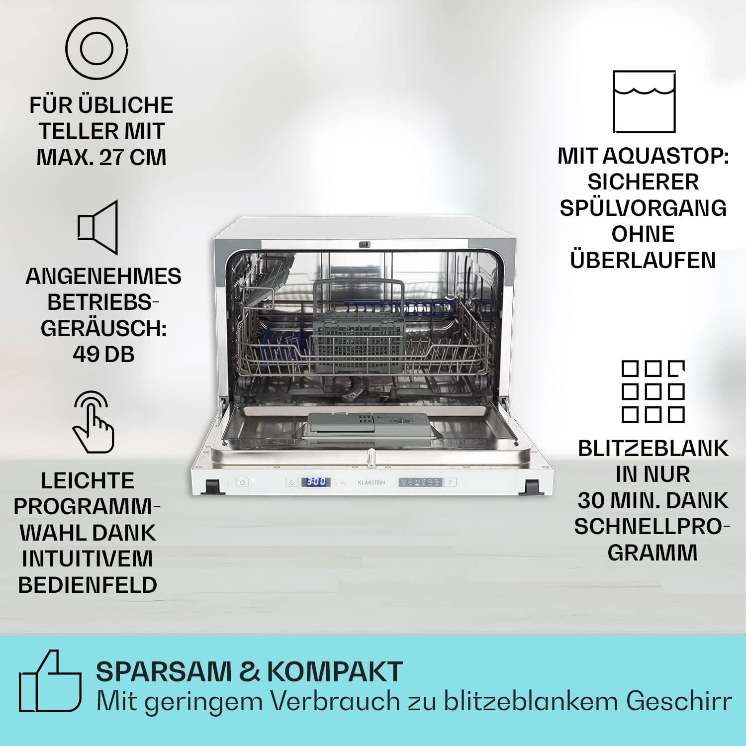 Klarstein ia 8 - Spülmaschine, Geschirrspüler, Freistehend, Teilintegriert, F, 55 cm breit, 8 Maßgedecke, 6 Programme, Aquastop, silber