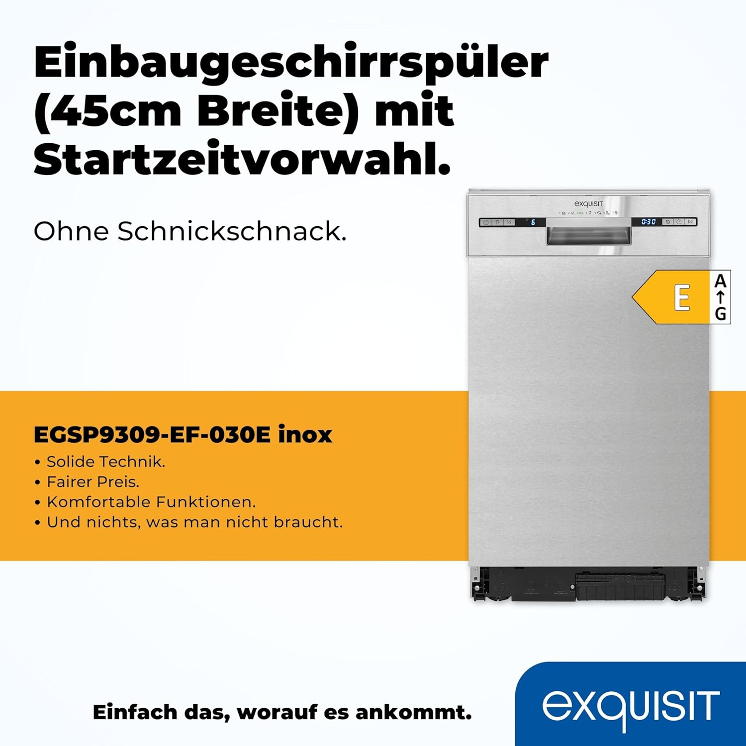 Exquisit Geschirrspüler, Spülmaschine, 45 cm Breite, Teilintegriert, 9 Maßgedecke, 9 Liter, Startzeitvorwahl, ECO-Modus, Geschirrspüler 45 cm, EGSP51009-EB-030E inox