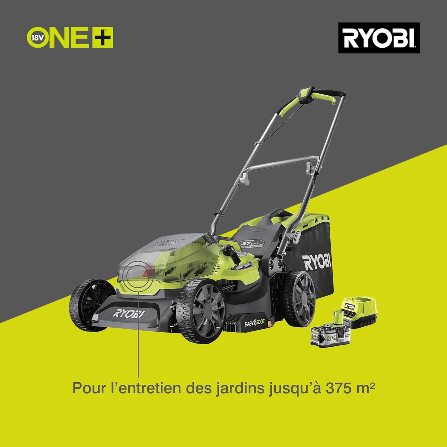 RYOBI 18 V ONE+ Akku-Rasenmäher RLM18X33B40 (Schnittbreite 33 cm, 5-fache Höhenverstellung 25-65 mm, zusammenklappbares Griffgestänge, inkl. Mulchkeil, 35l Grasfangsack, 4,0Ah Akku & Ladegerät)