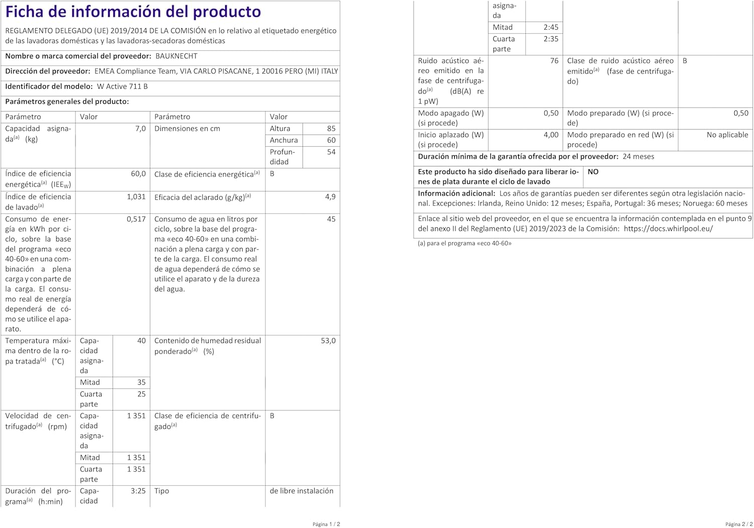Bauknecht W Active 711 B Waschmaschine-Frontlader/ 7kg/ 1400 U/min/Kraftvolle Fleckentfernung/Dampf Programme/Steam Hygiene mit Antivirus/Steam Refresh/Stopp&Add Funktion/Dynamic Inverter-Motor