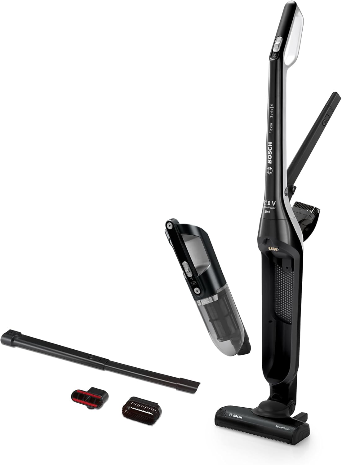 Bosch Akku-Staubsauger Flexxo 2in1 Serie 4 BBH32101, kabelloser Handstaubsauger, beutellos, hohe Saugleistung, Lange Laufzeit, Kurze Ladezeit, Fugendüse, alle Bodenarten, schwarz