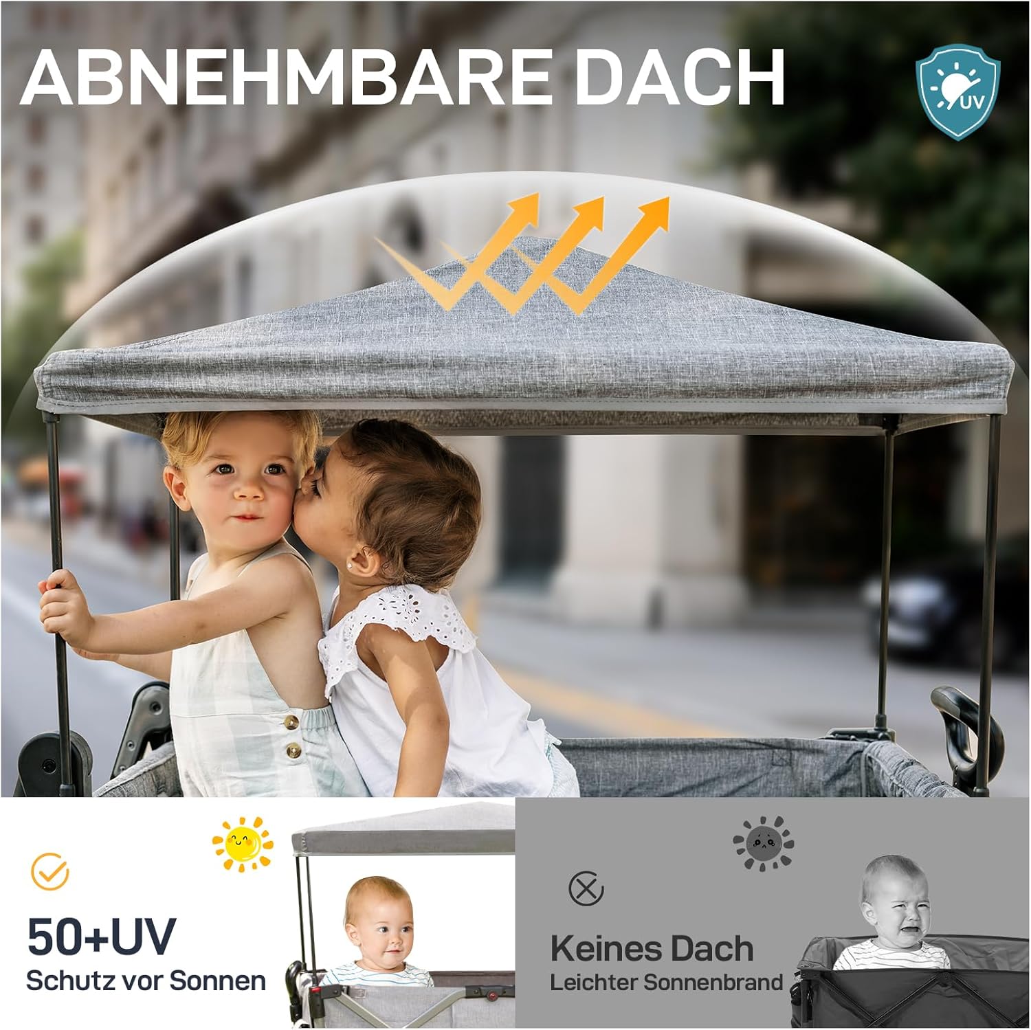 EVER ADVANCED Bollerwagen für 2 Kinder Faltbar mit Dach, Kinderwagen 2x5 Punkt Sicherheitsgurt mit Wickelrucksack, Bollerwagen mit Sitz, Handwagen Transportwagen, Ziehen & Schieben, Fußbremse