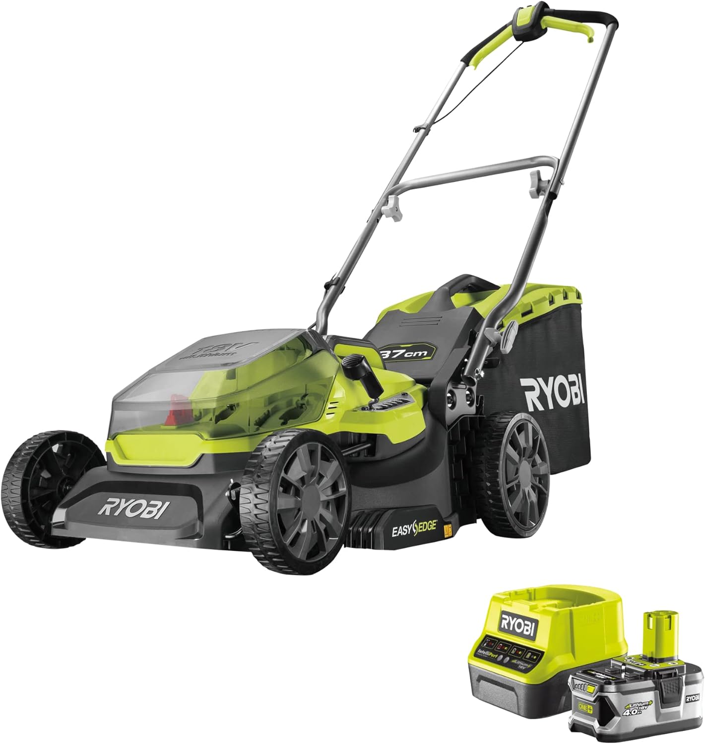 RYOBI 18 V ONE+ Akku-Rasenmäher RLM18X33B40 (Schnittbreite 33 cm, 5-fache Höhenverstellung 25-65 mm, zusammenklappbares Griffgestänge, inkl. Mulchkeil, 35l Grasfangsack, 4,0Ah Akku & Ladegerät)