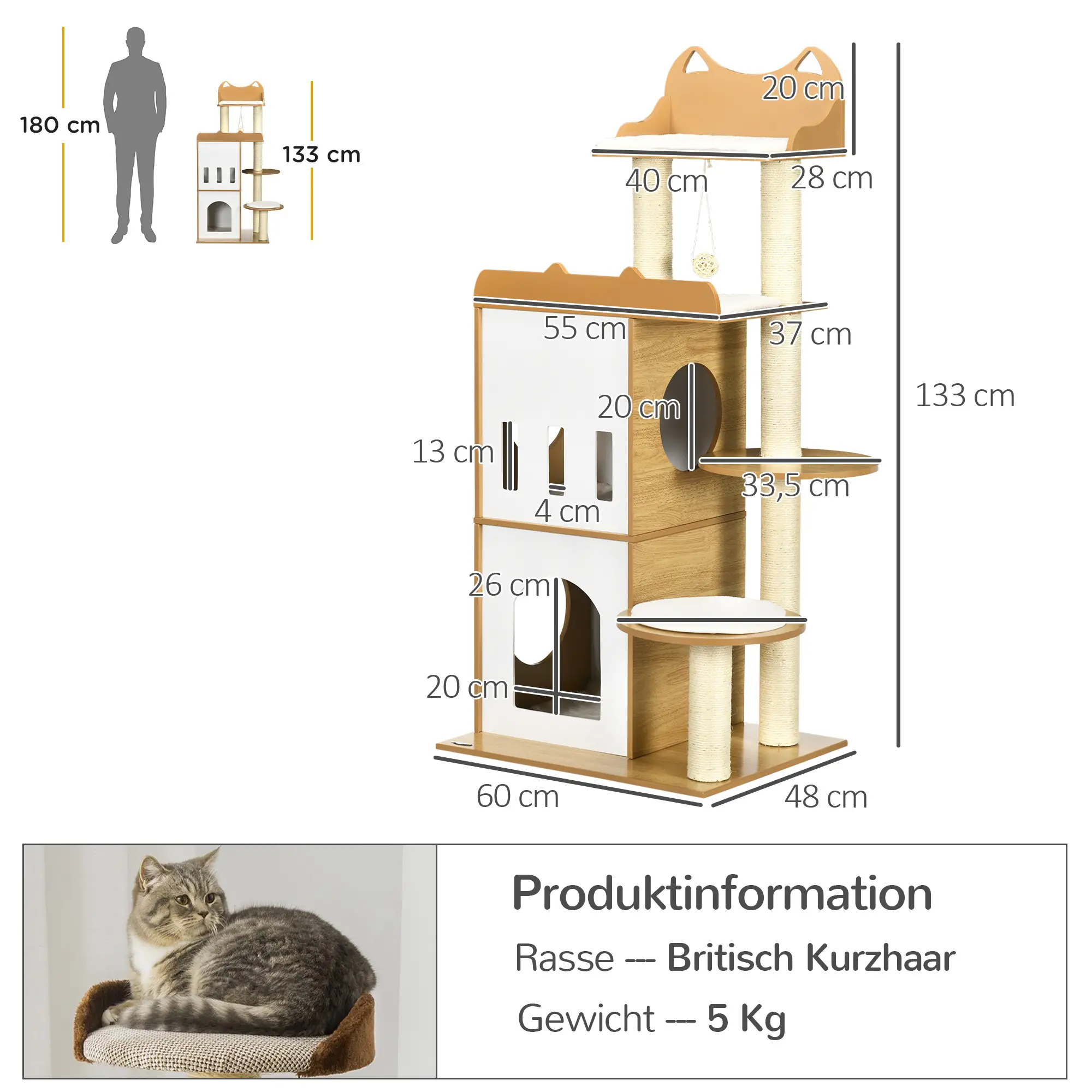 PawHut Kratzbaum Katzenmöbel mit Sisal-Kratzstämmen und Spielball Eiche Weiß