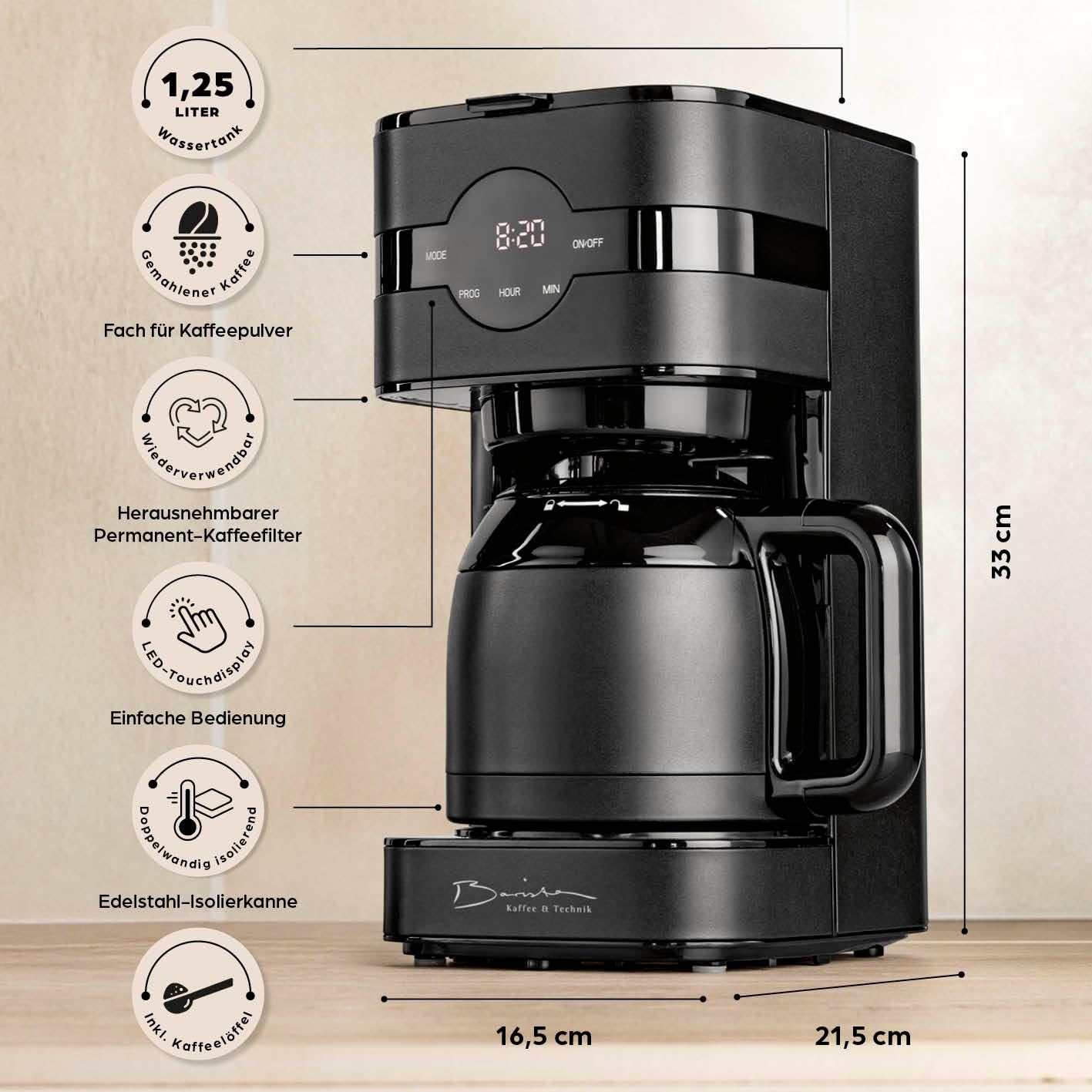 Barista Filterkaffeemaschine mit verstellbarem Mahlwerk & Thermokanne | Warmhaltefunktion, 24h Timer & Permanentfilter | Für 10 Tassen Kaffee | Kaffeemaschine für Bohnen & Pulver [Edelstahl]