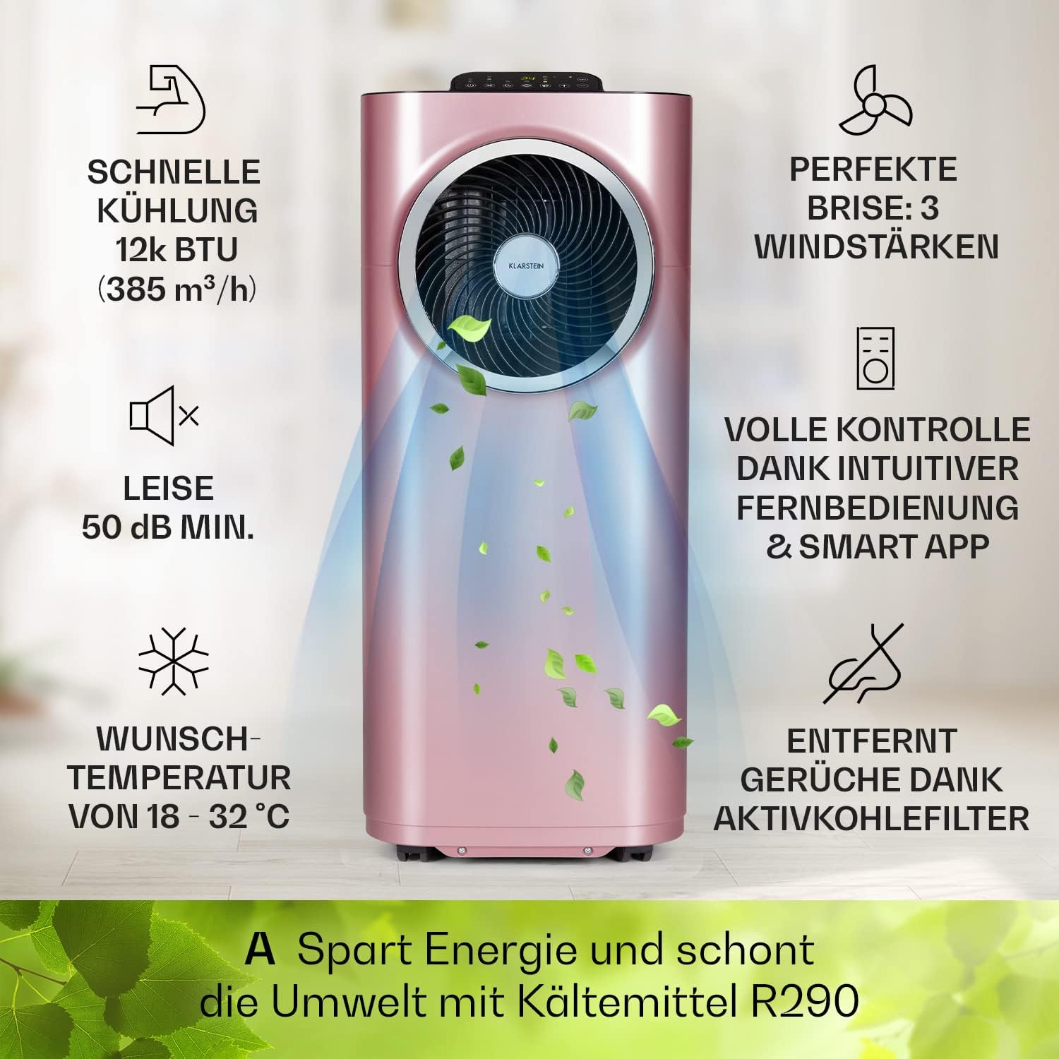 Klarstein Mobile Klimaanlage mit Abluftschlauch, 5-in-1 Klimagerät, Ventilator, Luftentfeuchter, Luftreiniger & Nachtmodus, App-Steuerung, Kleine & Portable, für Wohnung & Büro, 12000 BTU