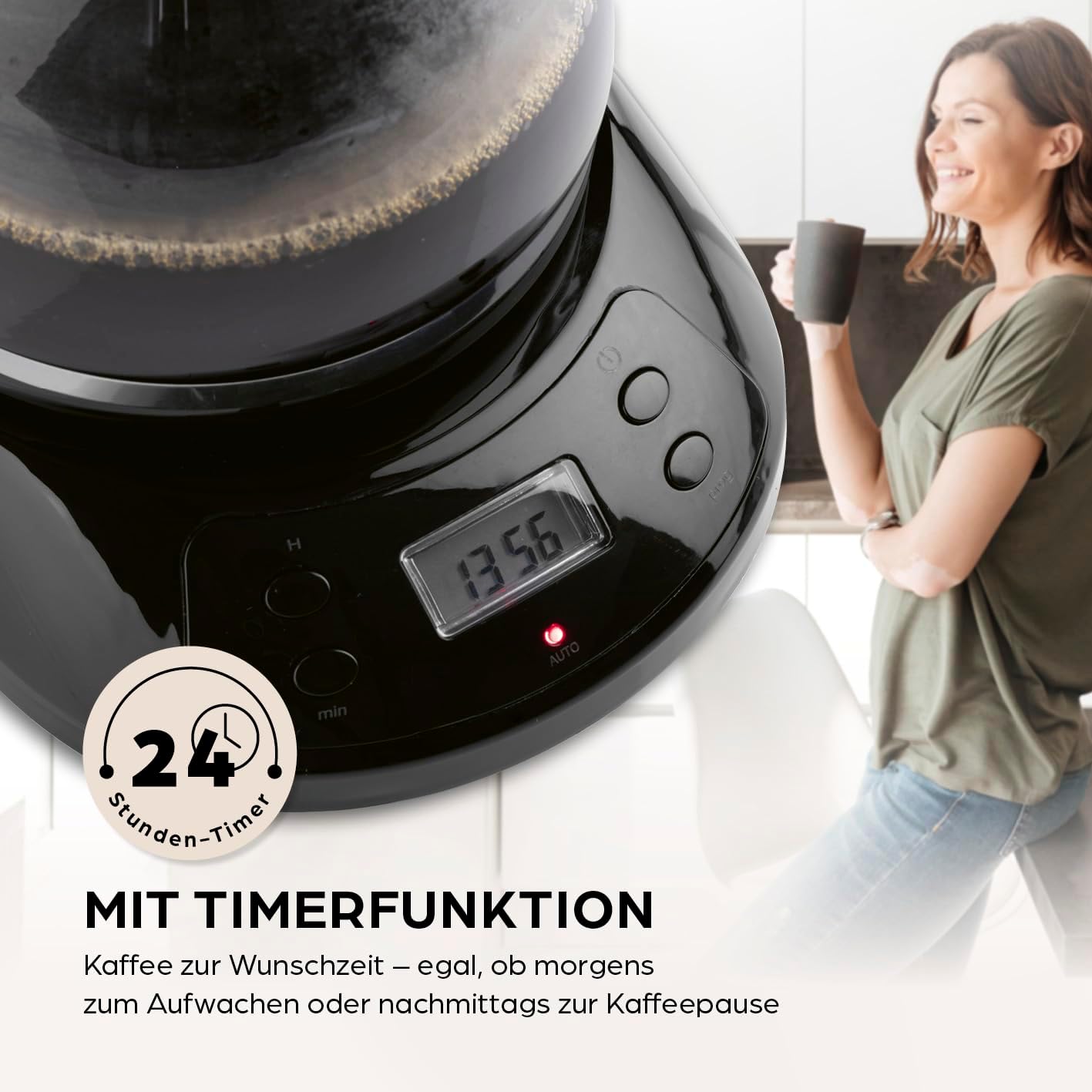 Barista Filterkaffeemaschine mit verstellbarem Mahlwerk & Thermokanne | Warmhaltefunktion, 24h Timer & Permanentfilter | Für 10 Tassen Kaffee | Kaffeemaschine für Bohnen & Pulver [Edelstahl]