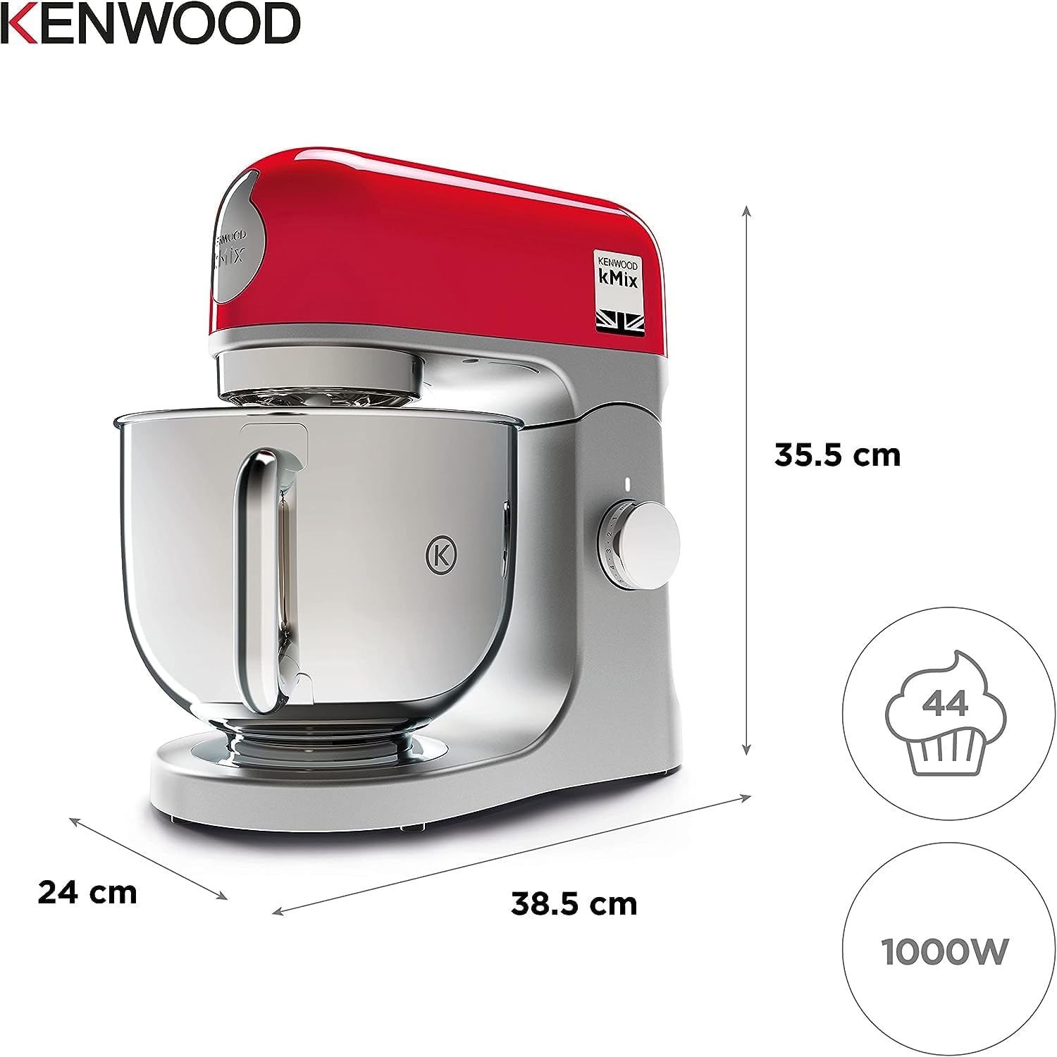 Kenwood kMix KMX750RD Küchenmaschine, 5 l Edelstahl Schüssel, Safe-Use-Sicherheitssystem, Metallgehuse, 1000 Watt, inkl. 3-Teiligem Patisserie-Set und Spritzschutz, Rot
