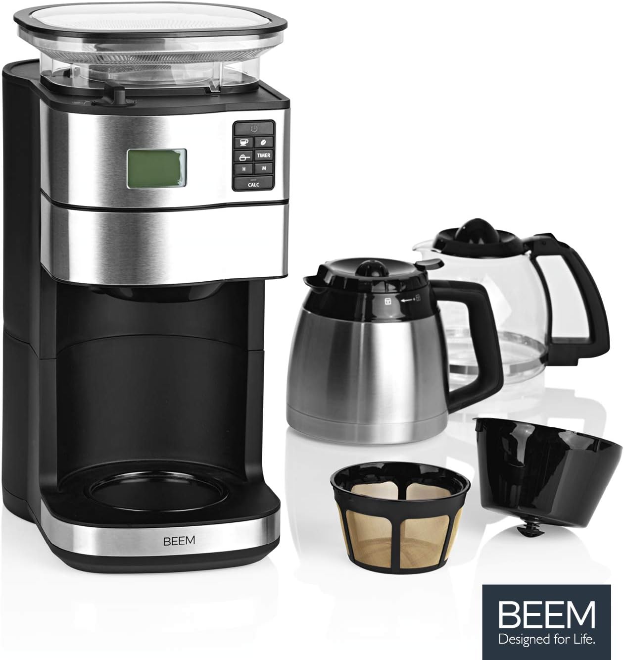 BEEM FRESH-AROMA-PERFECT II Filterkaffeemaschine mit Mahlwerk - Thermo | Edelstahl | Thermokanne | 24h-Timer | 1000 W | 180 g Bohnenbehälter