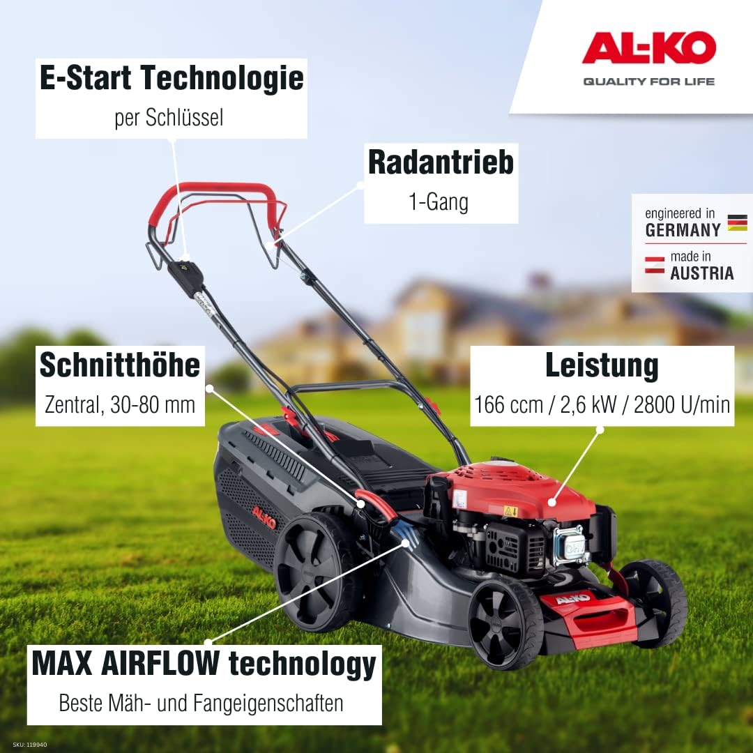 AL-KO Benzin-Rasenmäher Comfort 46.0 SP-A Plus (46 cm Schnittbreite, 2.1 kW Motorleistung, Robustes Stahlblechgehäuse, Hinterradantrieb, Mulchfunktion, Seitenauswurf, für Rasenflächen bis 1400 m²)