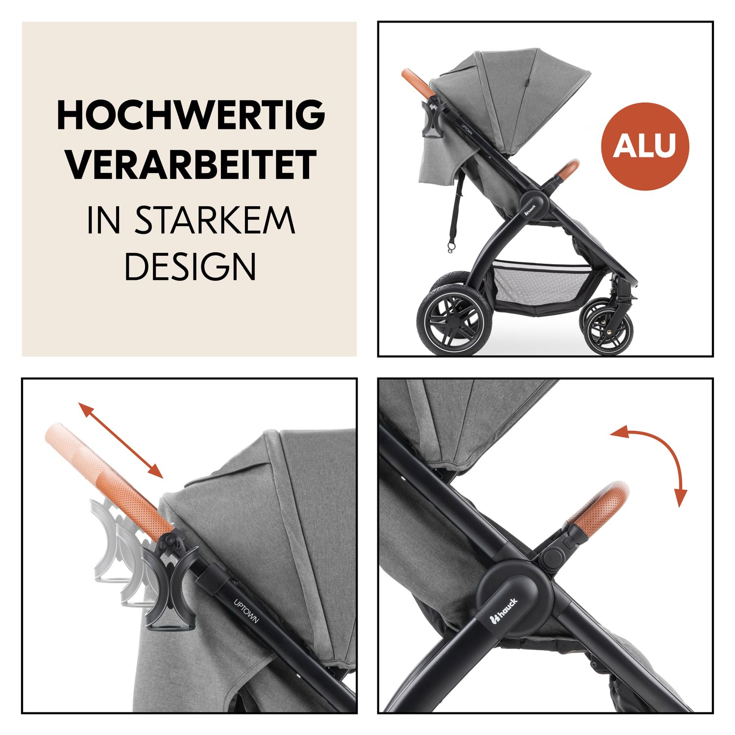 Hauck Uptown Kinderwagen Melange Rose – Kinderwagen für jedes Gelände, extra großer Sitz, flache Liegeposition, Gummiräder, Federung, kompakt und einfach zusammenklappbar, mit Regenschutz