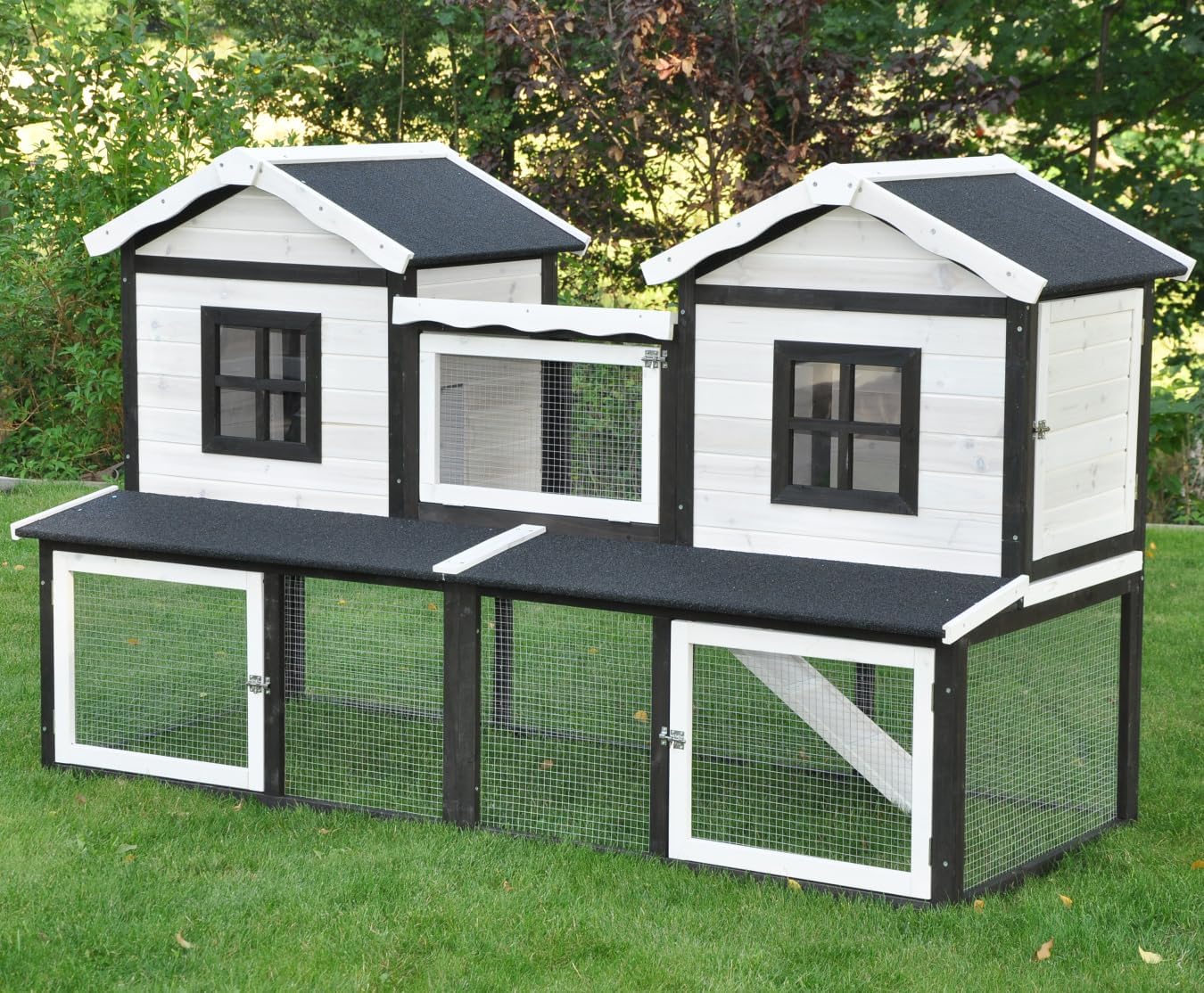 nanook Premium Hasenstall Kleintierstall Kaninchenstall XXL groß artgerecht mit Freilauf Gehege ideal für draußen 197 x 85 x 112 cm - braun weiß - 2 Ebenen