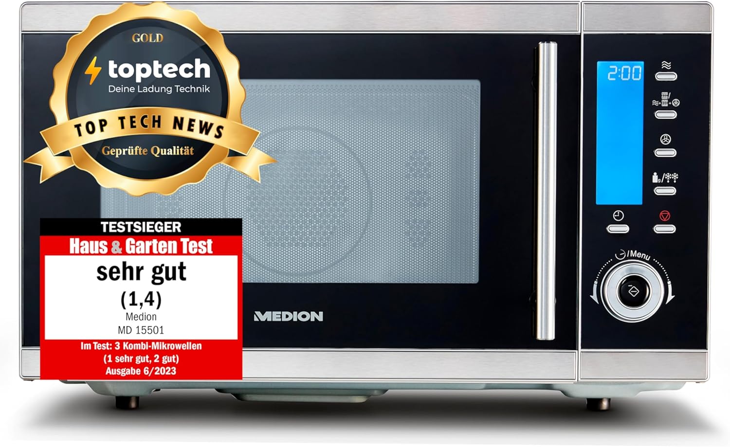 MEDION MD 15501 4 in 1 Mikrowelle mit Grill (25 Liter, 900 Watt, 1100 Watt Grill, 2500 Watt Heißluft, 10 Automatik-Programme) silber