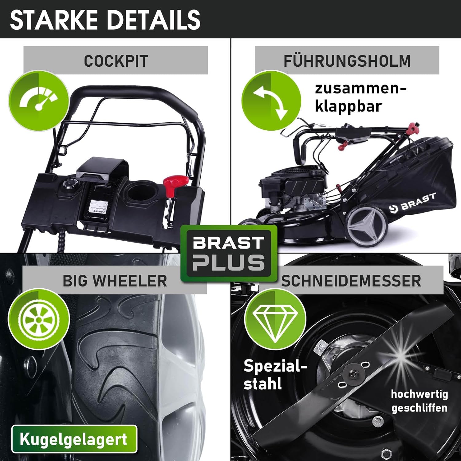 BRAST Benzin Rasenmäher mit Antrieb | 3,0kW (4,1PS) | Elektrostart | 41cm Schnittbreite | viele Modelle | TÜV | 4 Takt OHV Motor | 25-75mm Schnitthöhe | 40L Fangkorb | Stahlgehäuse | 16145 Estart