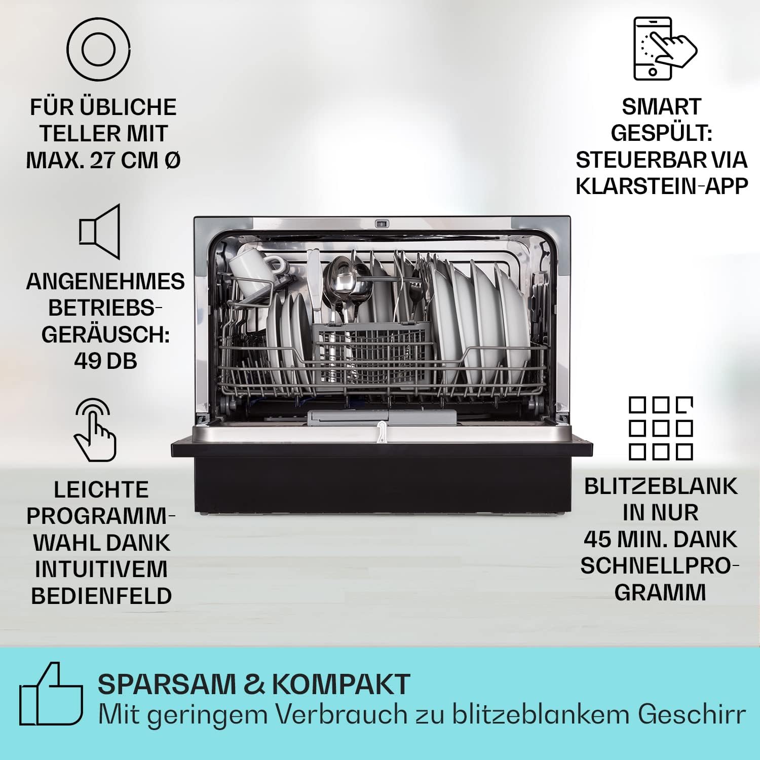 Klarstein ia 8 - Spülmaschine, Geschirrspüler, Freistehend, Teilintegriert, F, 55 cm breit, 8 Maßgedecke, 6 Programme, Aquastop, silber