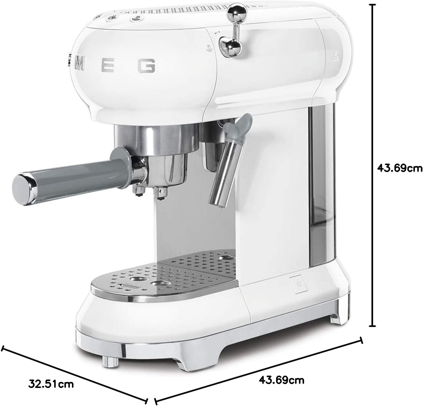 Smeg, ECF01WHEU Manual Espresso -Maschine, Cappuccino -System, Thermoblock, große Tassengehäuse und Doppelkaffeefunktion, 1 l Wassertank, kompakte Abmessungen, 1350W, Weiß