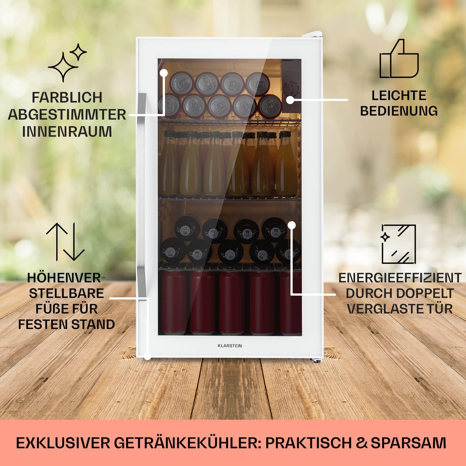Klarstein Mini Kühlschrank mit Glastür für Zimmer, Getrnkekühlschrank mit Verstellbaren Ablagen, Kleiner 80 Liter, Indoor/Outdoor Kühlschrank Leise