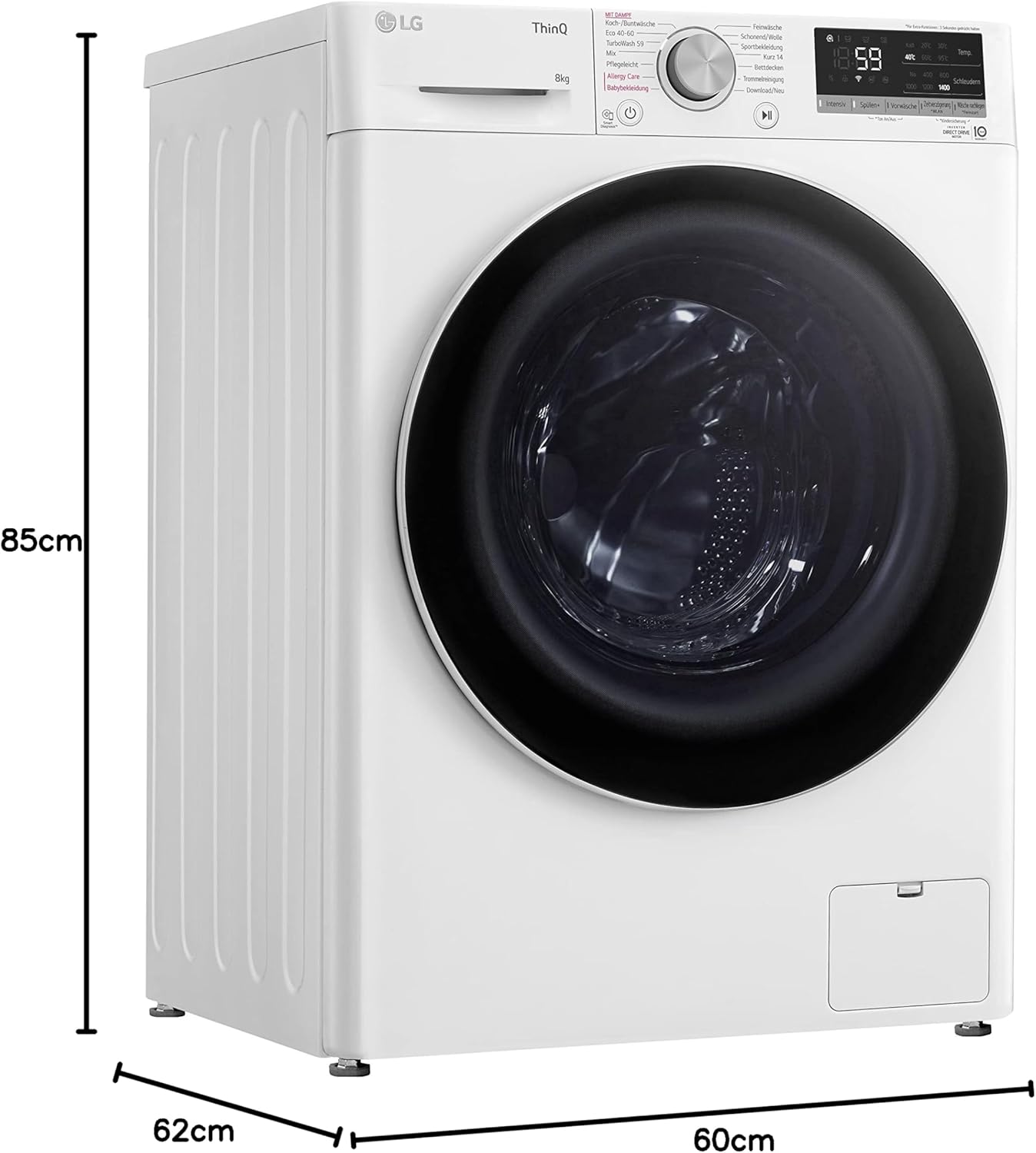 LG F4WV7080, Klasse A, Frontlader-Waschmaschine 8 kg, 1400 U/Min, AI Direct Drive, Wi-Fi, Tiefenreinigung mit Dampf, Große Kapazität, TRIPLE A, Außentür aus Sicherheitsglas, 62 x 60 x 85 cm ꟷ Weiß