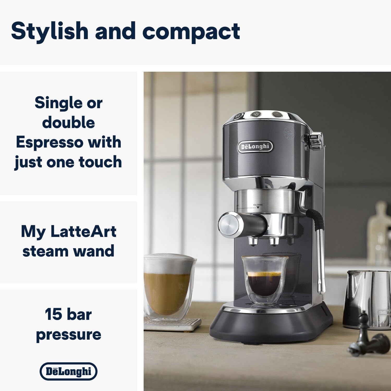De'Longhi Dedica Style EC 685.M – Espresso Siebtrgermaschine, Espressomaschine mit professionellem Milchaufschumer, nur 15 cm breit, für Kaffeepulver oder ESE Pads, 1 l Wassertank, silber