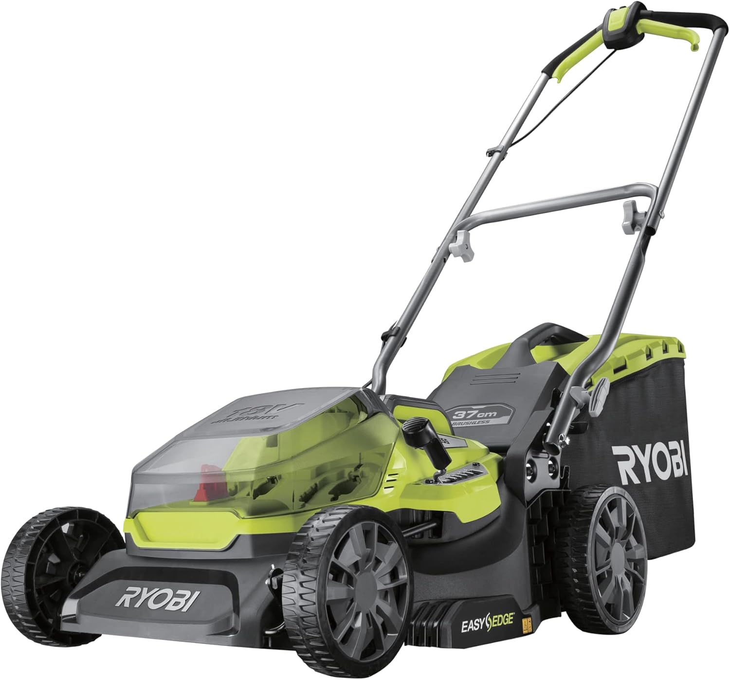 RYOBI 18 V ONE+ Akku-Rasenmäher RLM18X33B40 (Schnittbreite 33 cm, 5-fache Höhenverstellung 25-65 mm, zusammenklappbares Griffgestänge, inkl. Mulchkeil, 35l Grasfangsack, 4,0Ah Akku & Ladegerät)