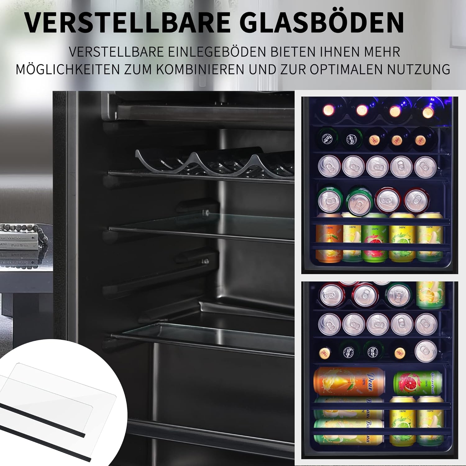 Merax Kühlschrank 128L, Freistehend Getränkekühler mit 120L-Kühlschrank + 8L-Gefrierschrank, mit LED-Innenbeleuchtung und Verstellbare Einlegeböden, Superleise für Restaurant, Bar, Getränke und Bier