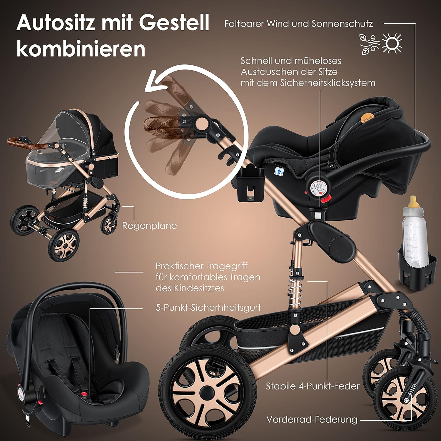 KESSER Loops 3 in 1 Kinderwagen Kombikinderwagen Komplett-Set inkl. Babywanne & Buggy Sportsitz & Auto-Babyschale Voll-Gummireifen Wickeltasche Regenschutz Kindertisch ECE R129, Schwarz/Champagne
