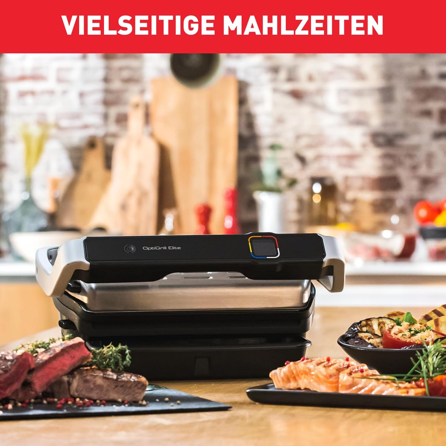 Tefal OptiGrill Elite Kontaktgrill, 12 Programme, Digitales Display mit Garstufenanzeige, Abnehmbare Platten, Elektrogrill, Edelstahl, GC750D16