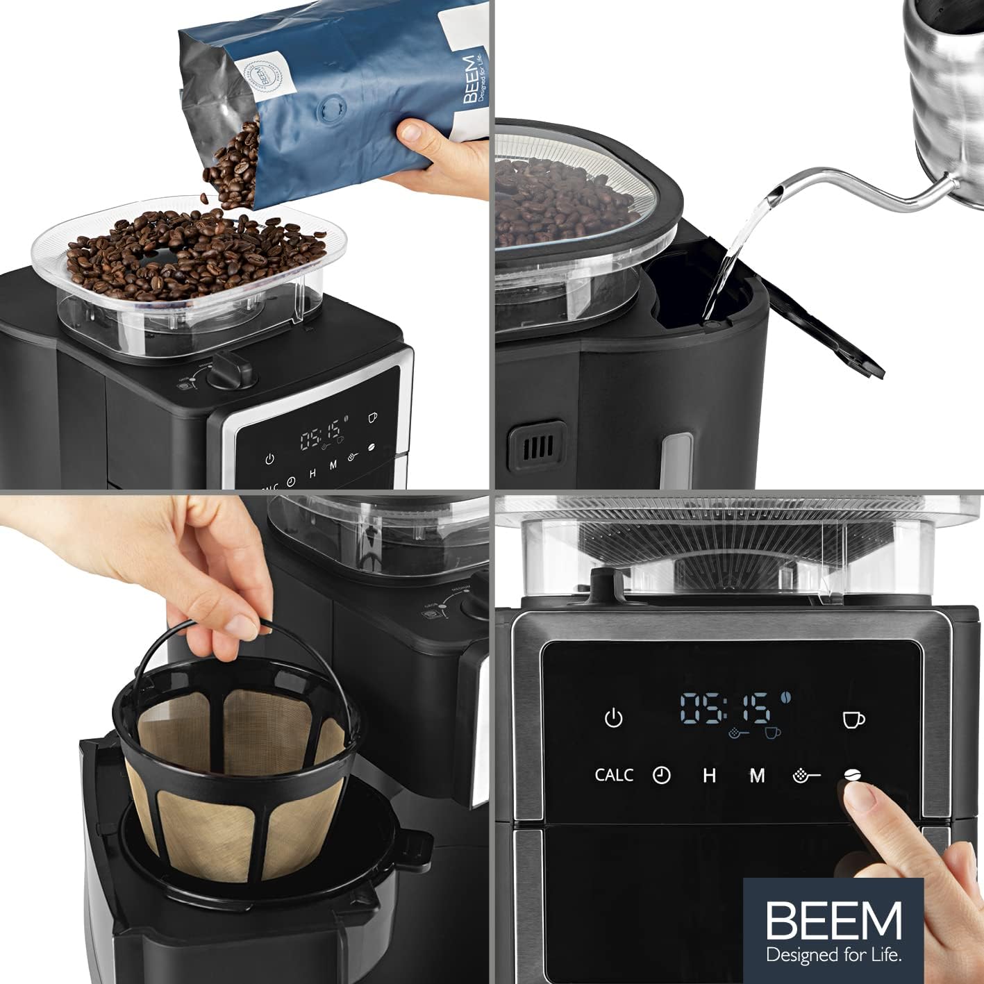 BEEM FRESH-AROMA-PERFECT III Filterkaffeemaschine mit Mahlwerk - Duo | Mit Thermos- & Glaskanne | Aroma-Plus-Funktion | 24-H-Timer | 1000 W | für bis zu je 10 Tassen [Edelstahl]