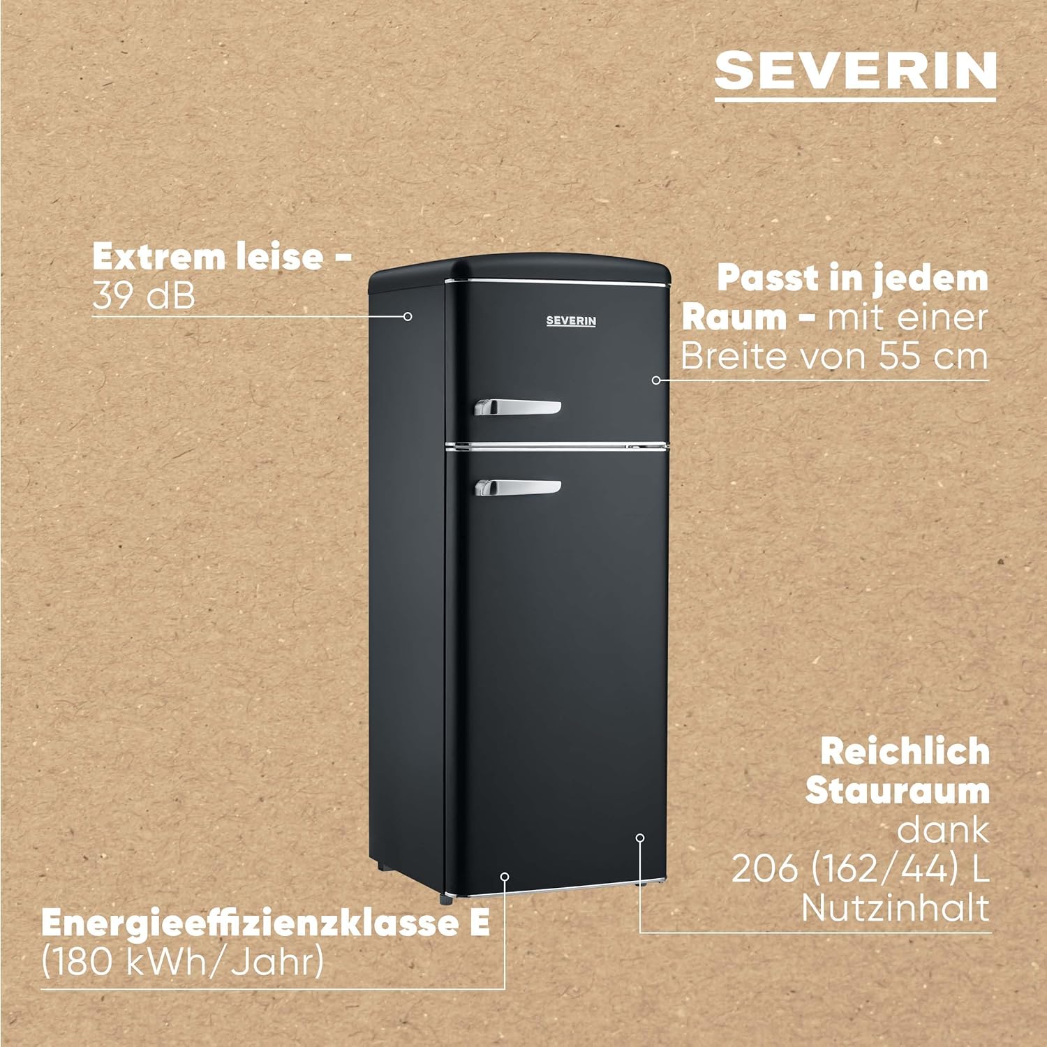 SEVERIN Retro - Kühl-/ Gefrierkombination, platzsparendes Raumwunder, 4 x höhenverstellbare Abstellflächen und eine große Veggiebox, 206 L Nutzinhalt, creme, RKG 8933