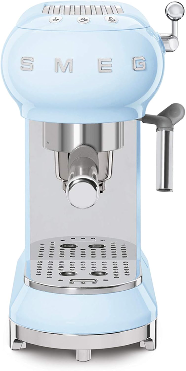 Smeg, ECF01WHEU Manual Espresso -Maschine, Cappuccino -System, Thermoblock, große Tassengehäuse und Doppelkaffeefunktion, 1 l Wassertank, kompakte Abmessungen, 1350W, Weiß