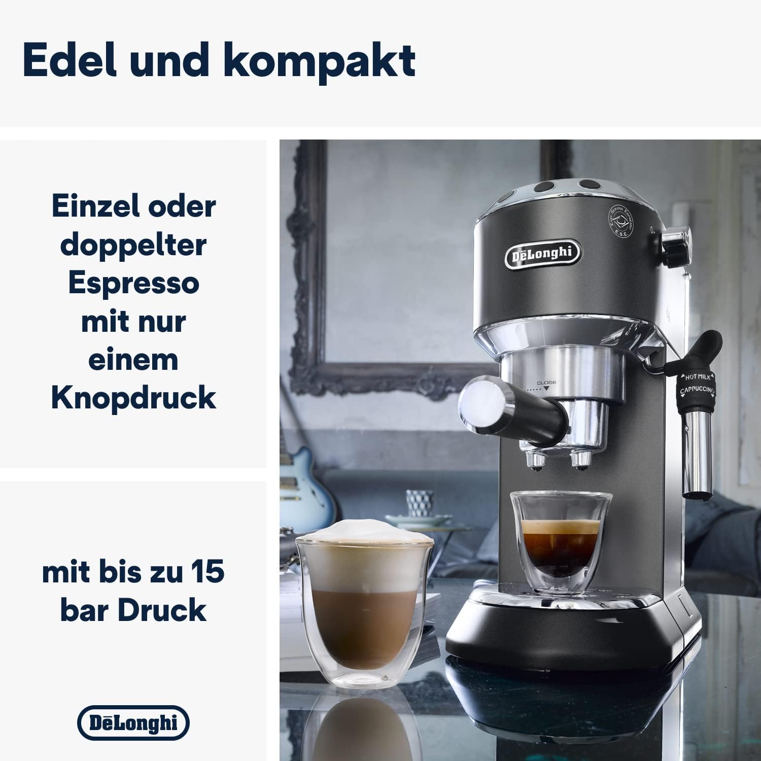 De'Longhi Dedica Style EC 685.M – Espresso Siebtrgermaschine, Espressomaschine mit professionellem Milchaufschumer, nur 15 cm breit, für Kaffeepulver oder ESE Pads, 1 l Wassertank, silber
