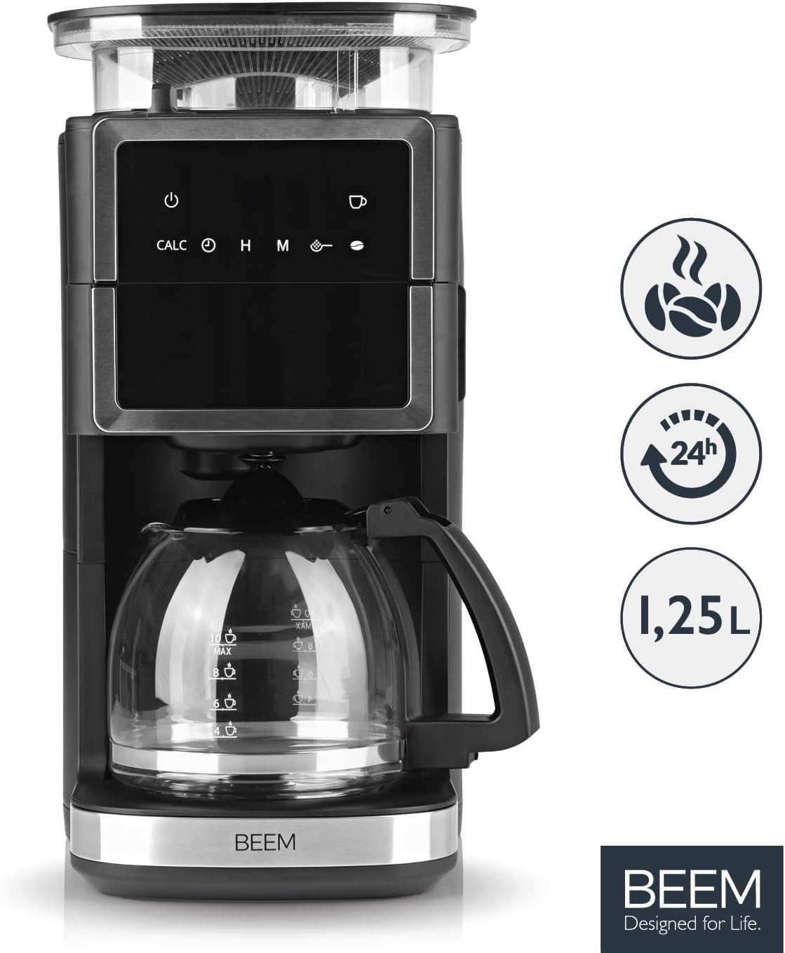 BEEM FRESH-AROMA-PERFECT III Filterkaffeemaschine mit Mahlwerk - Duo | Mit Thermos- & Glaskanne | Aroma-Plus-Funktion | 24-H-Timer | 1000 W | für bis zu je 10 Tassen [Edelstahl]
