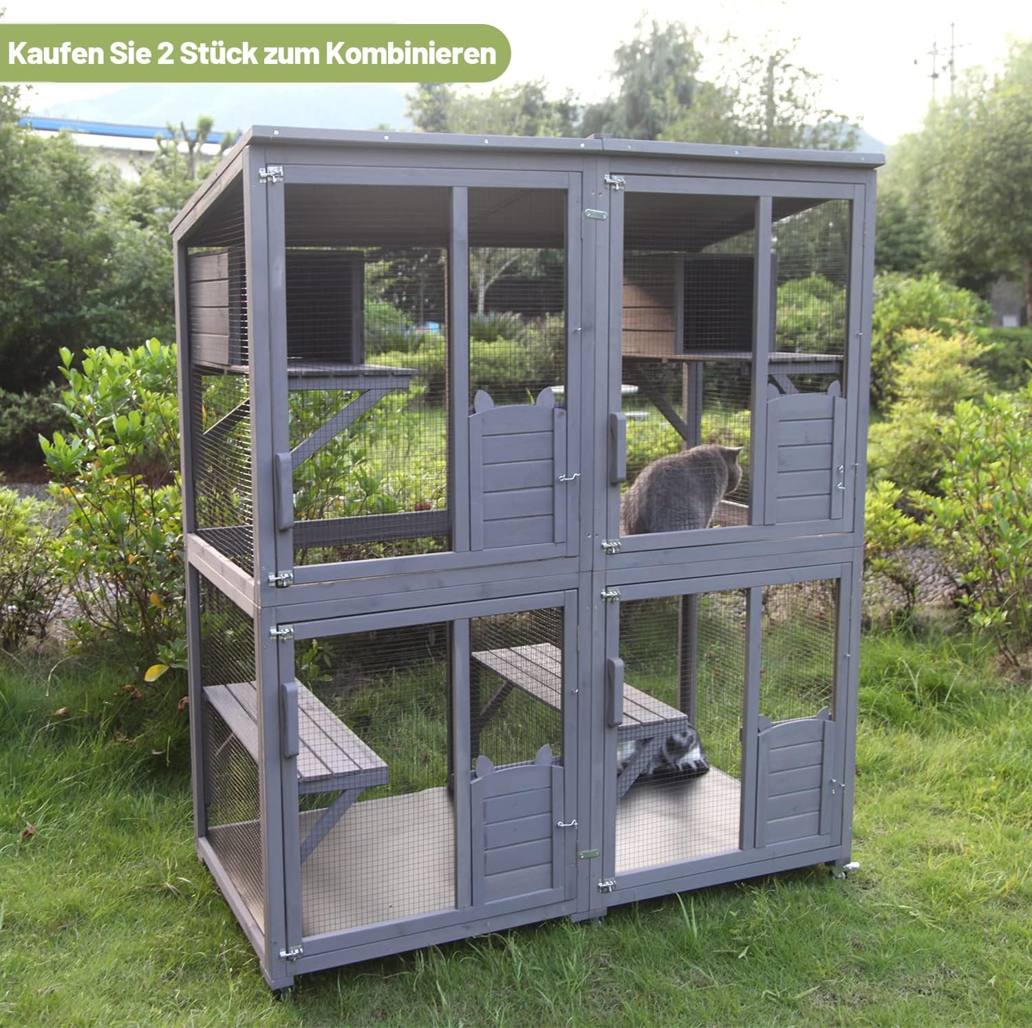 Katzenhaus Outdoor Catio Kitty Gehege mit super großer Eingangstür, Holz-Katzenkäfig Condo Indoor-Laufstall mit Plattformen und kleinem Haus