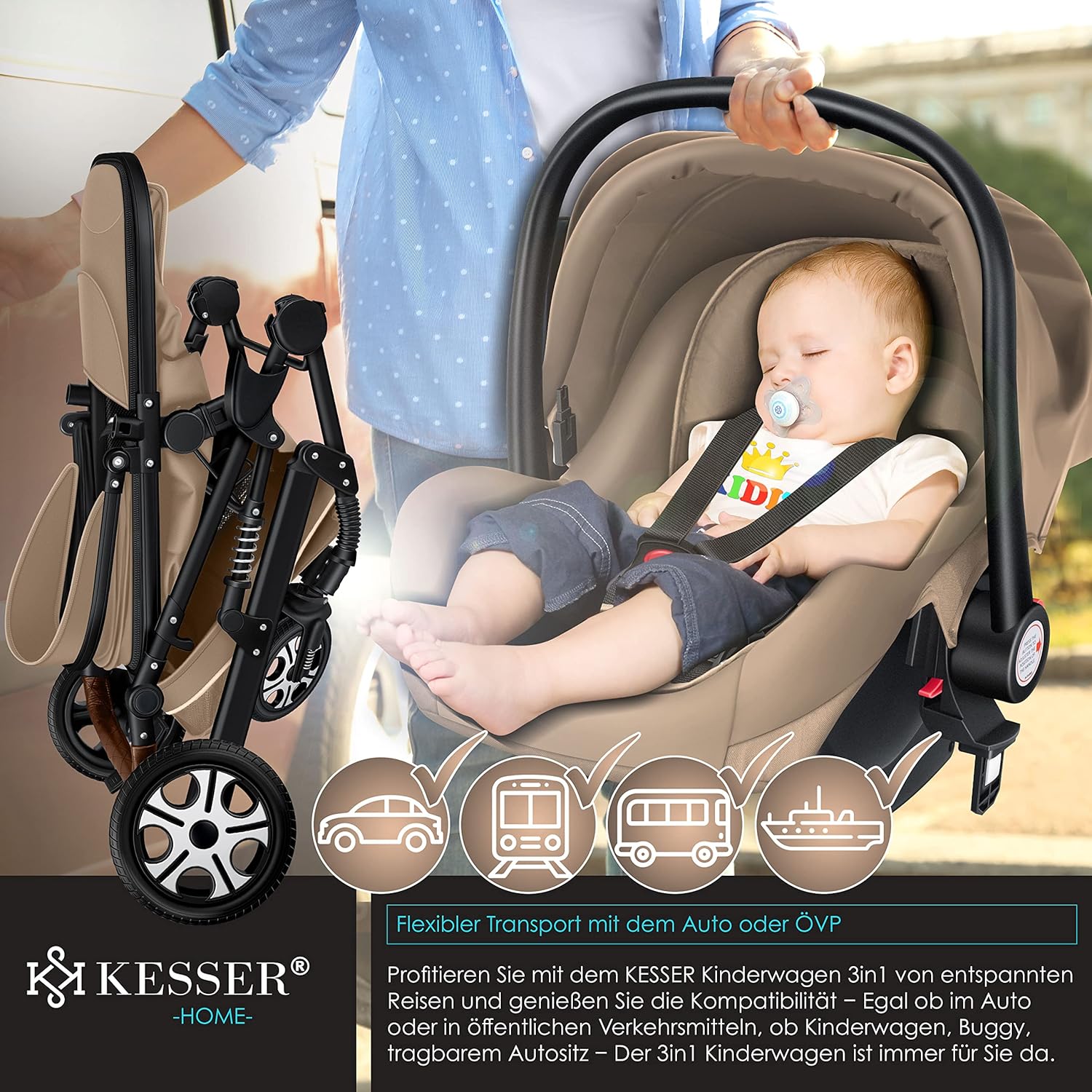KESSER Loops 3 in 1 Kinderwagen Kombikinderwagen Komplett-Set inkl. Babywanne & Buggy Sportsitz & Auto-Babyschale Voll-Gummireifen Wickeltasche Regenschutz Kindertisch ECE R129, Schwarz/Champagne