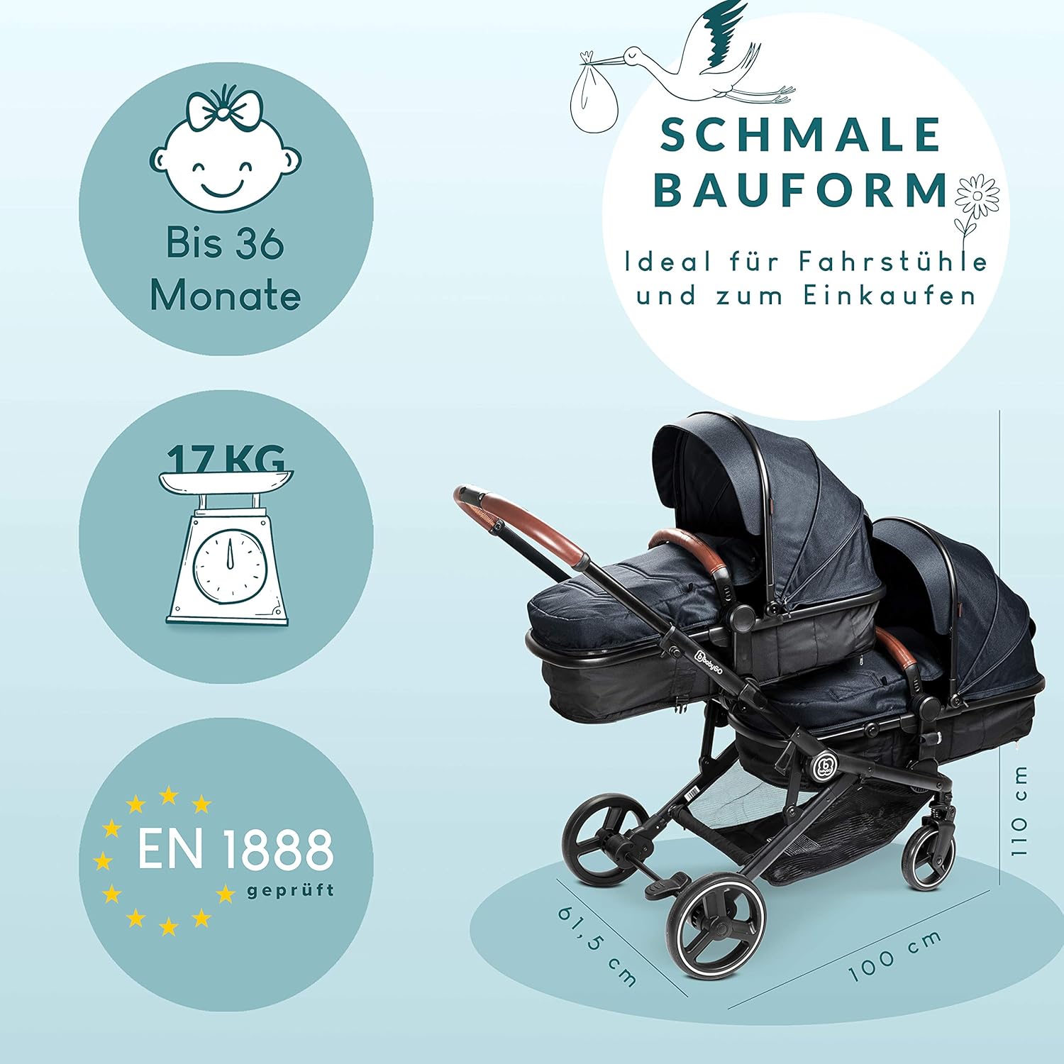 babyGO Kinderwagen 3 in 1 für Zwillinge - Geschwisterkinderwagen/Geschwisterwagen für Babys - Zwillingskinderwagen/Zwillingswagen für 2 Kinder mit viel Zubehör (Blau Melange-ohne Babyschale)